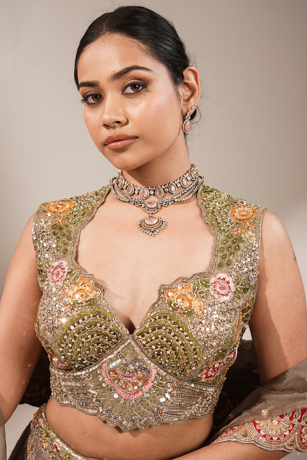 Olive Green Silk Lehenga Set featuring Cutout Halter-Neck Blouse