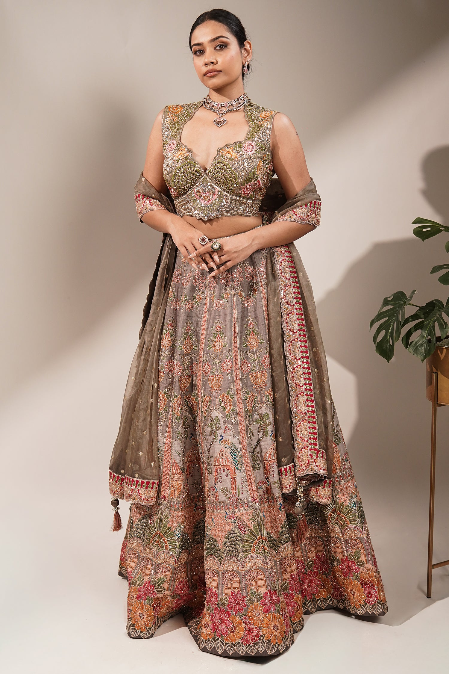 Olive Green Silk Lehenga Set featuring Cutout Halter-Neck Blouse