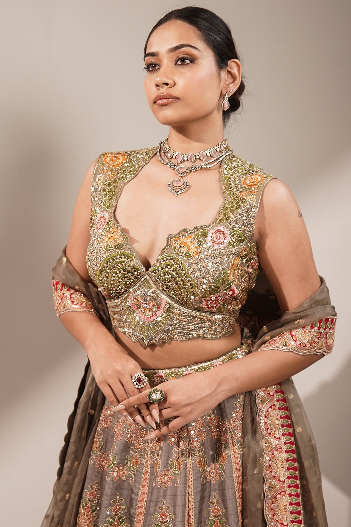 Olive Green Silk Lehenga Set featuring Cutout Halter-Neck Blouse