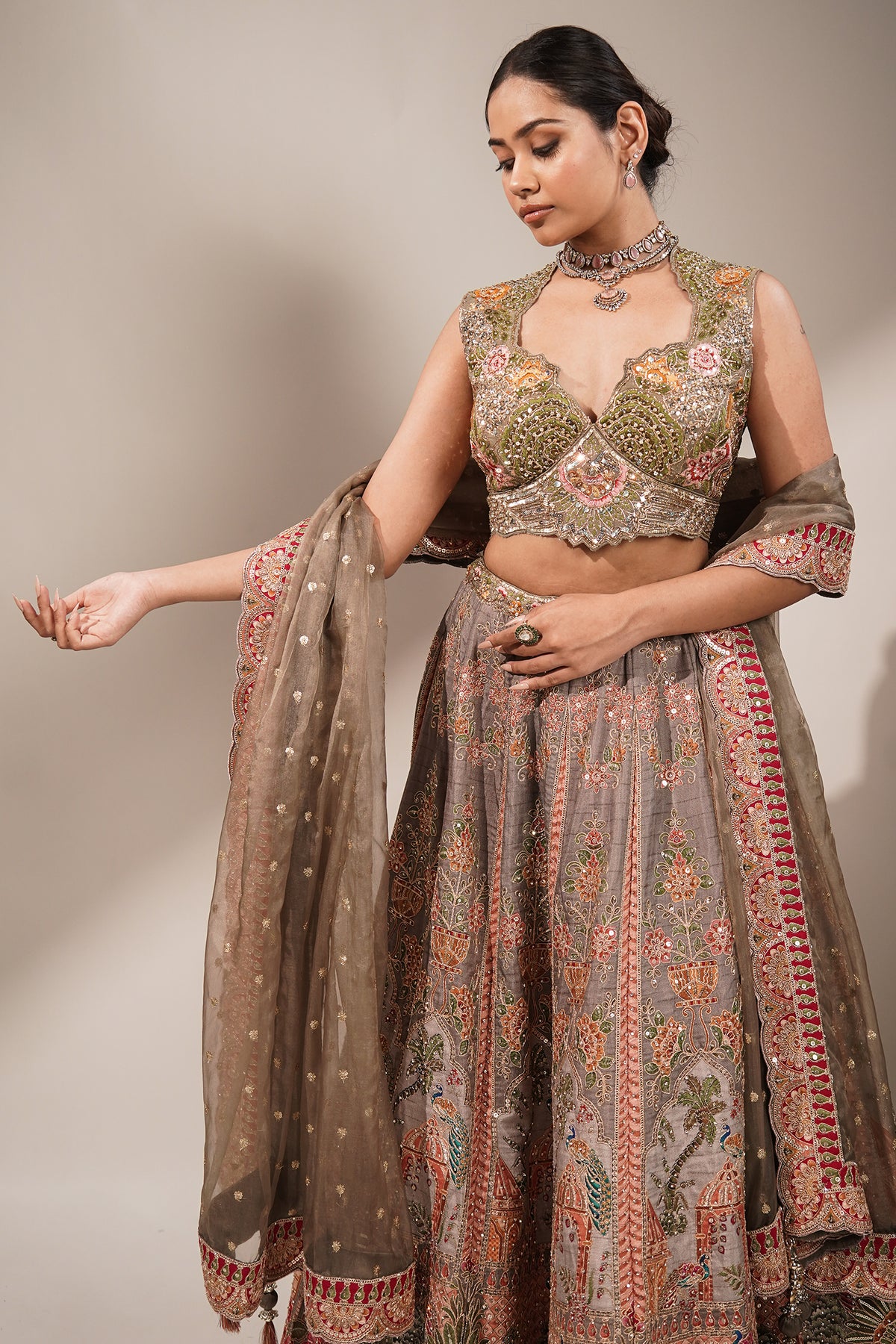 Olive Green Silk Lehenga Set featuring Cutout Halter-Neck Blouse