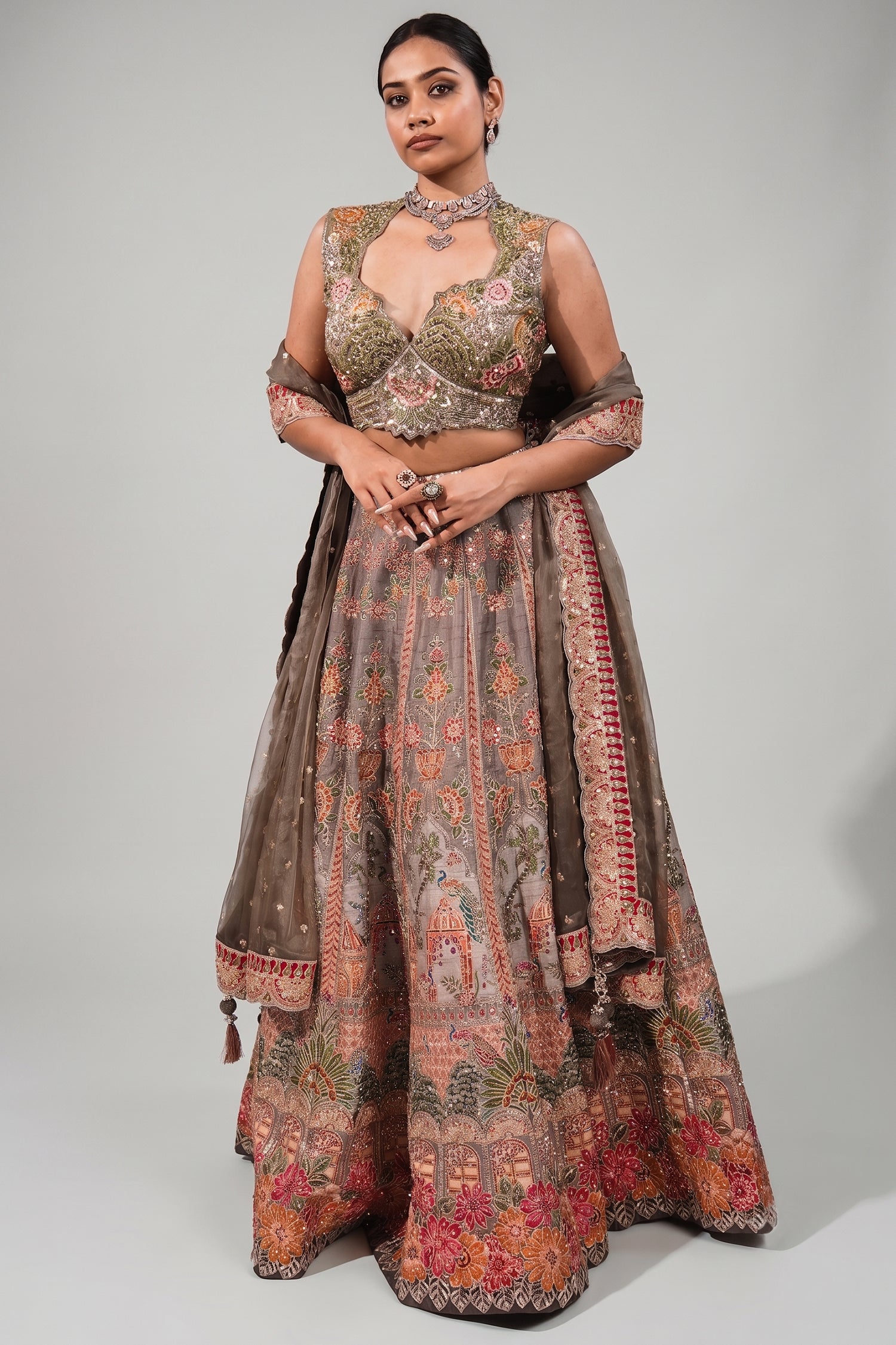 Olive Green Silk Lehenga Set featuring Cutout Halter-Neck Blouse Main image