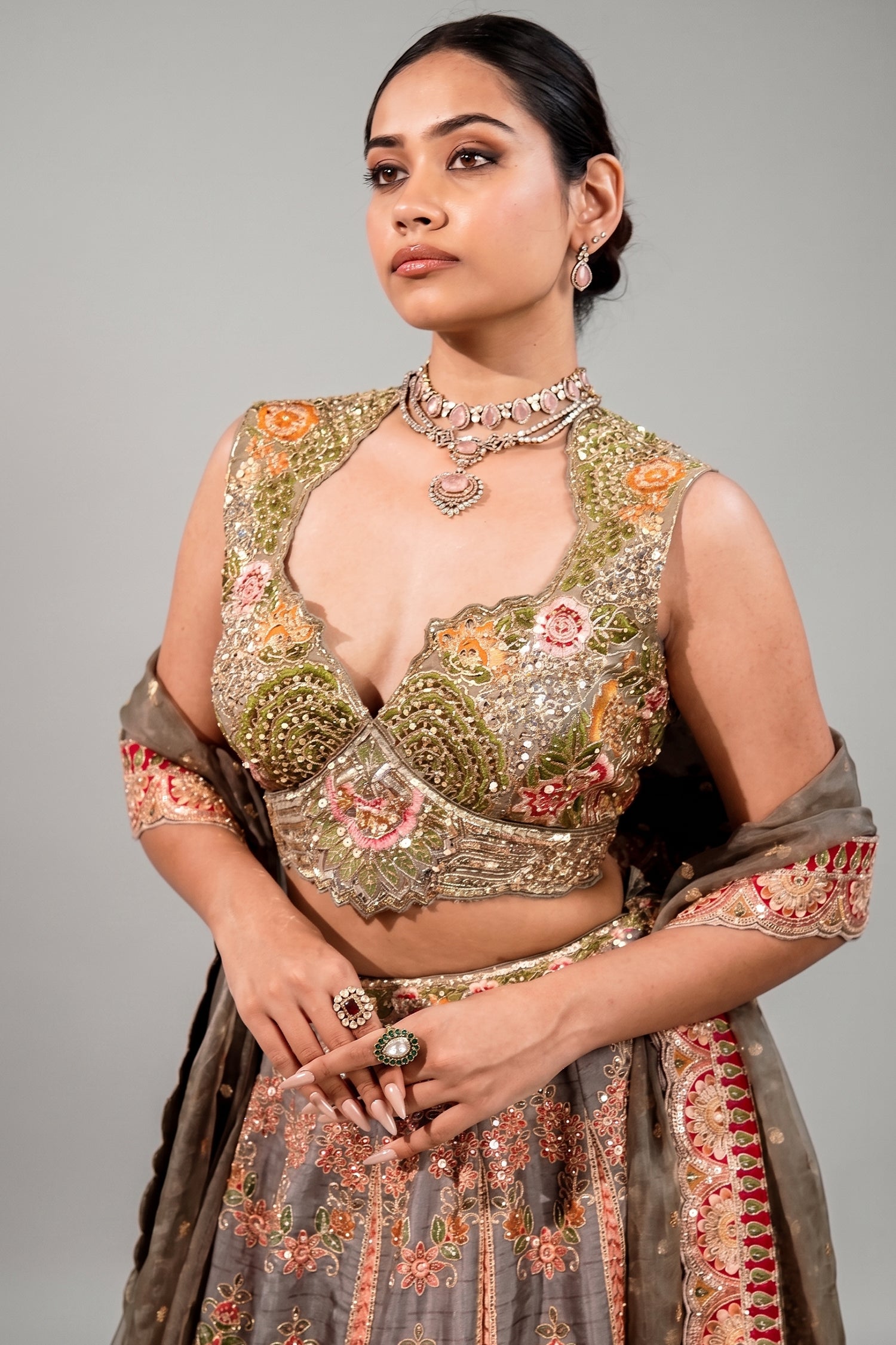 Olive Green Silk Lehenga Set featuring Cutout Halter-Neck Blouse Secondary image