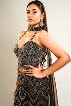 Charcoal Brown Net Lehenga Set with Wave-Patterned Cutdana and Sequin Sweetheart Bustier