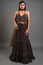 Charcoal Brown Net Lehenga Set with Wave-Patterned Cutdana and Sequin Sweetheart Bustier