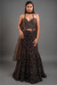 Charcoal Brown Net Lehenga Set with Wave-Patterned Cutdana and Sequin Sweetheart Bustier