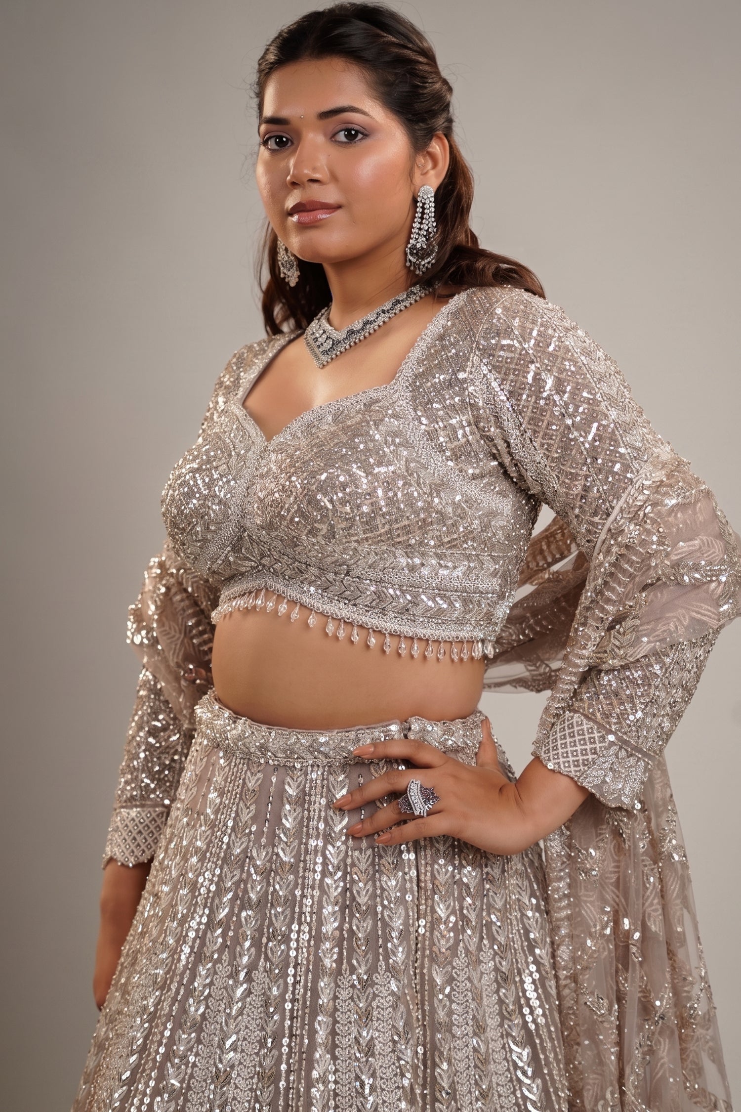 Champagne Gold Net Bridal Lehenga with Heavy Linear Sequin and Bead Embroidery Secondary image