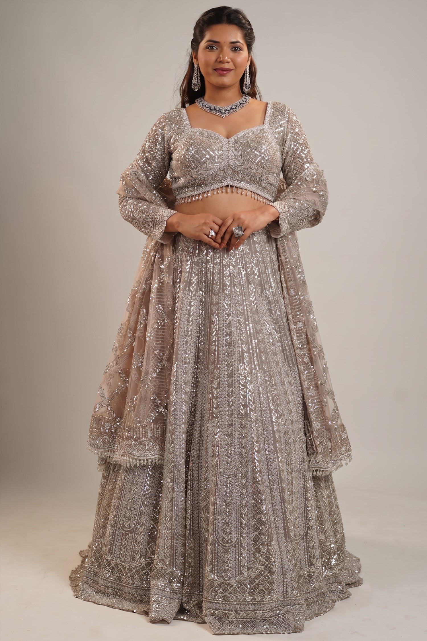 Champagne Gold Net Bridal Lehenga with Heavy Linear Sequin and Bead Embroidery Main image