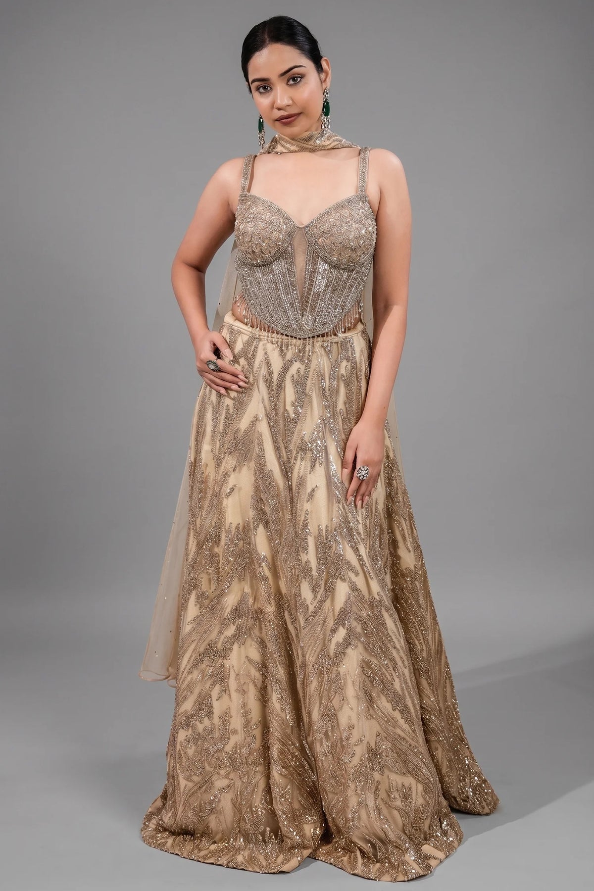 Champagne Beige Net Lehenga featuring Linear Sequin Trails and Beaded Tassel Bustier Main image