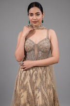 Champagne Beige Net Lehenga featuring Linear Sequin Trails and Beaded Tassel Bustier
