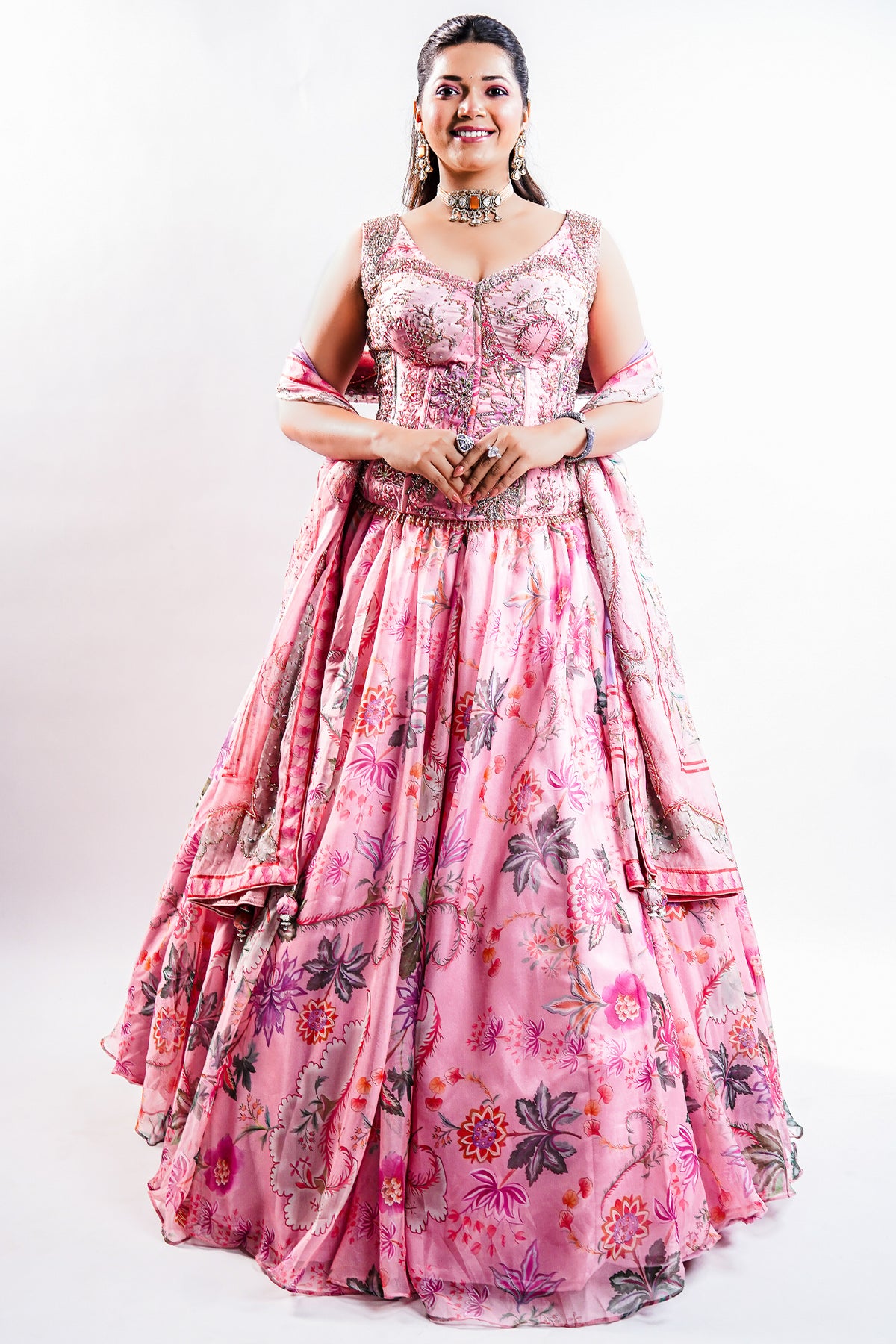 Rose Pink Printed Organza Lehenga featuring Cutdana and Pearl-Embellished Bustier