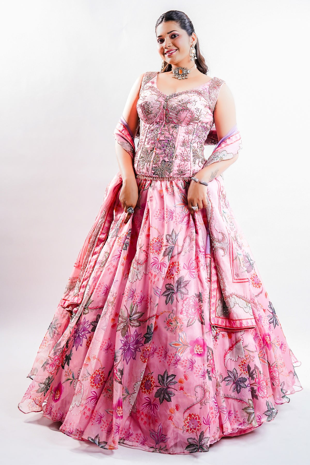 Rose Pink Printed Organza Lehenga featuring Cutdana and Pearl-Embellished Bustier