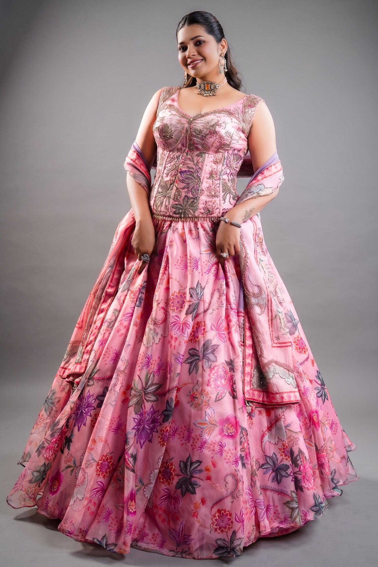 Rose Pink Printed Organza Lehenga featuring Cutdana and Pearl-Embellished Bustier Main image