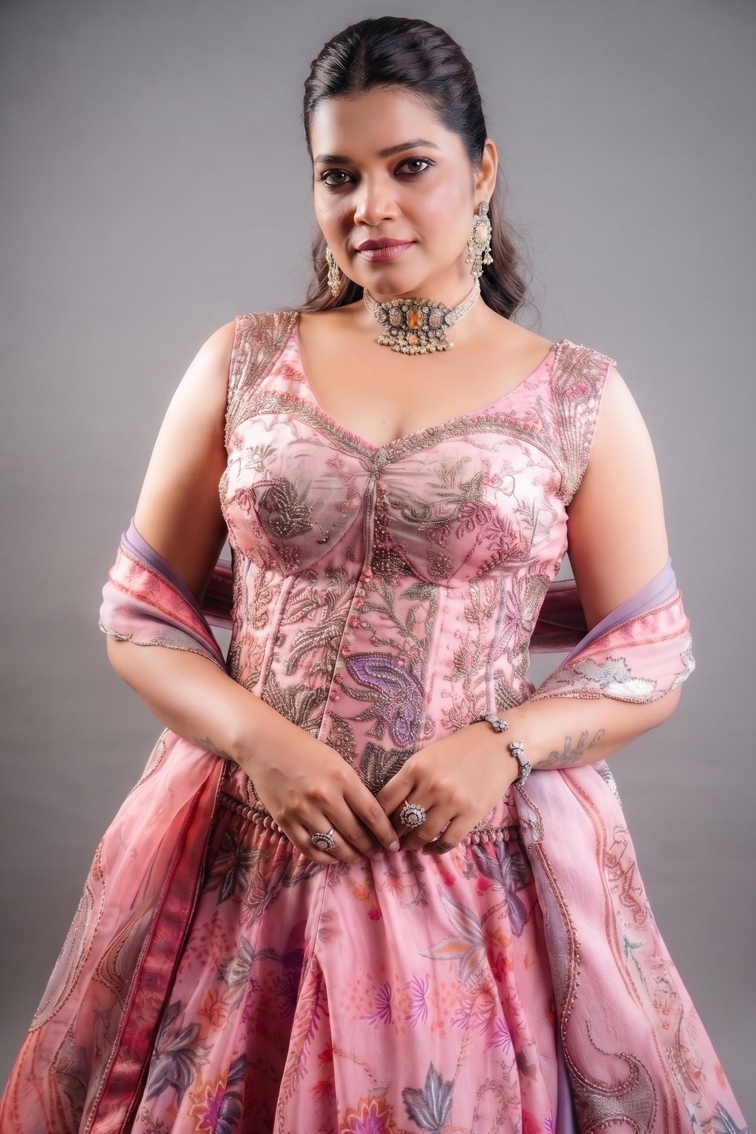 Rose Pink Printed Organza Lehenga featuring Cutdana and Pearl-Embellished Bustier Secondary image