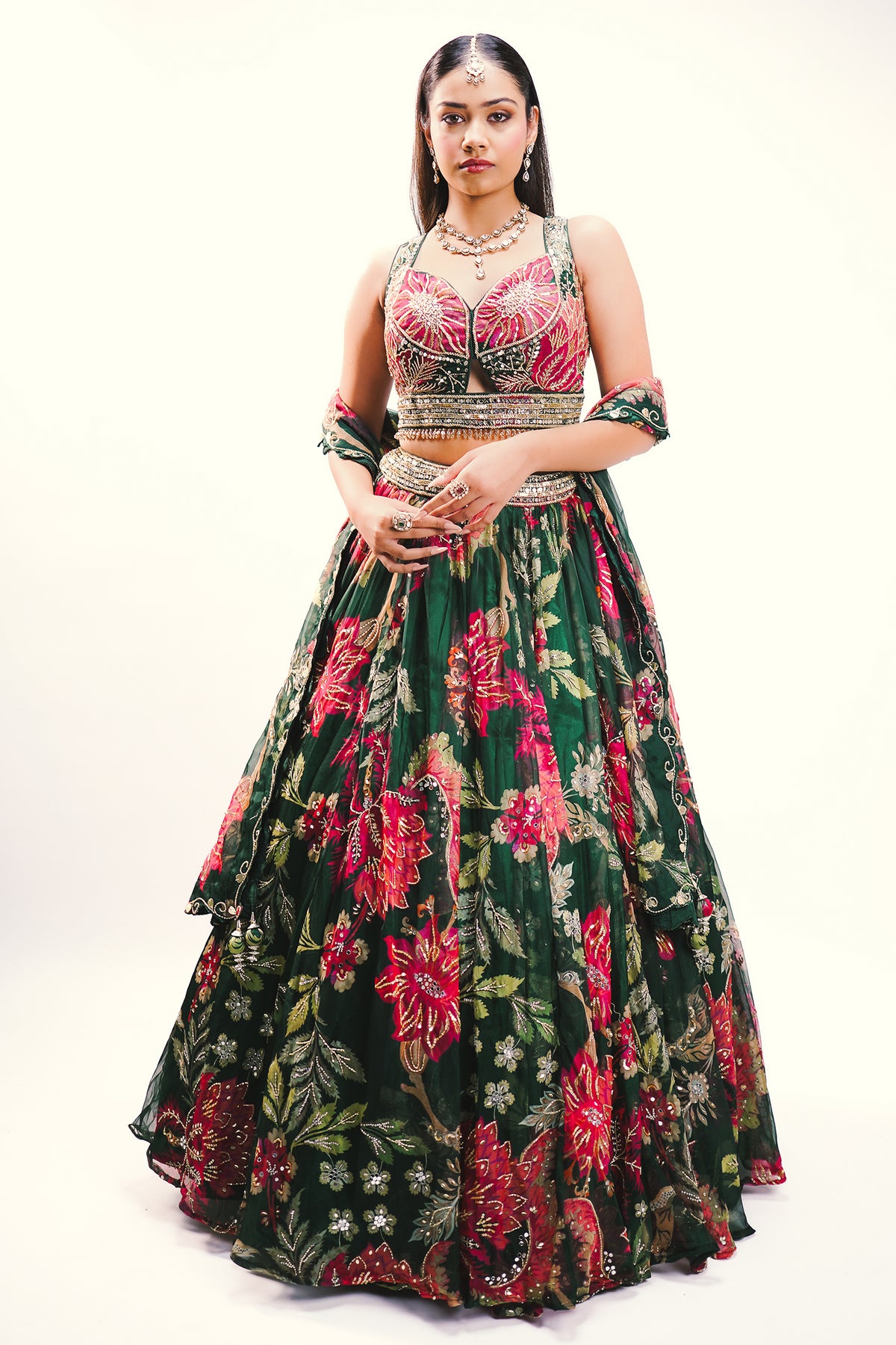 Emerald Green Printed Organza Lehenga featuring Sunburst Sequin and Diamond Bustier