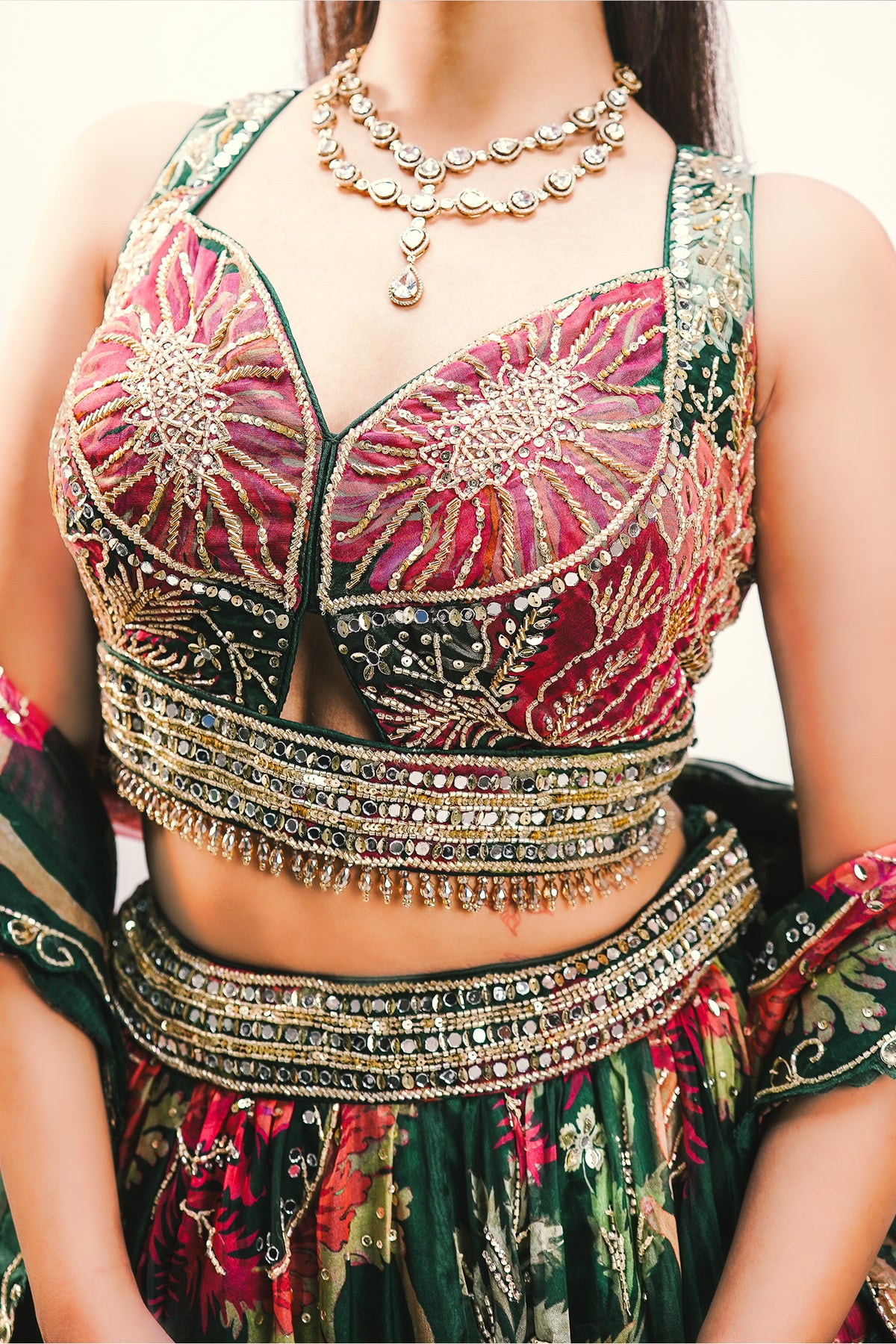 Emerald Green Printed Organza Lehenga featuring Sunburst Sequin and Diamond Bustier