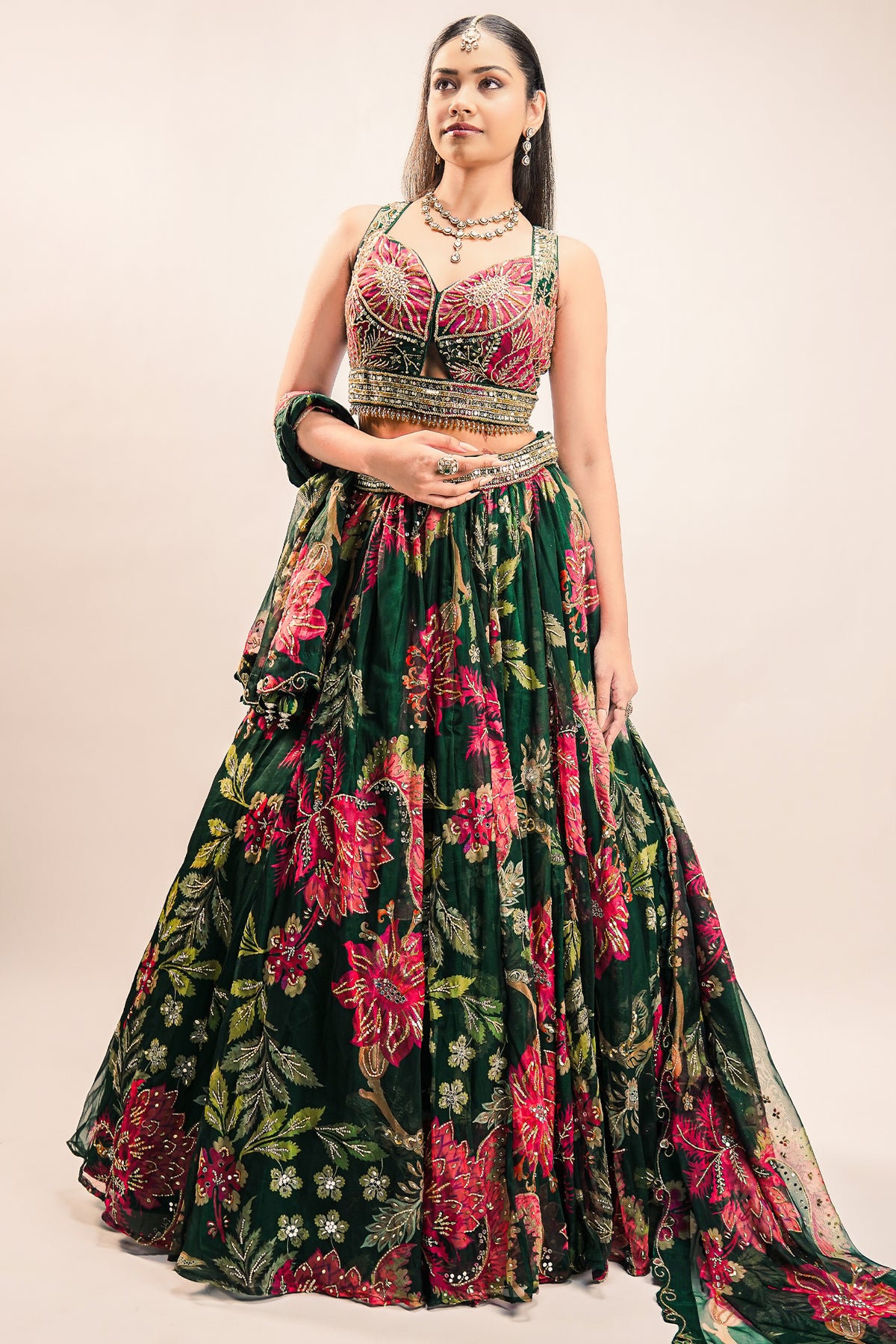 Emerald Green Printed Organza Lehenga featuring Sunburst Sequin and Diamond Bustier