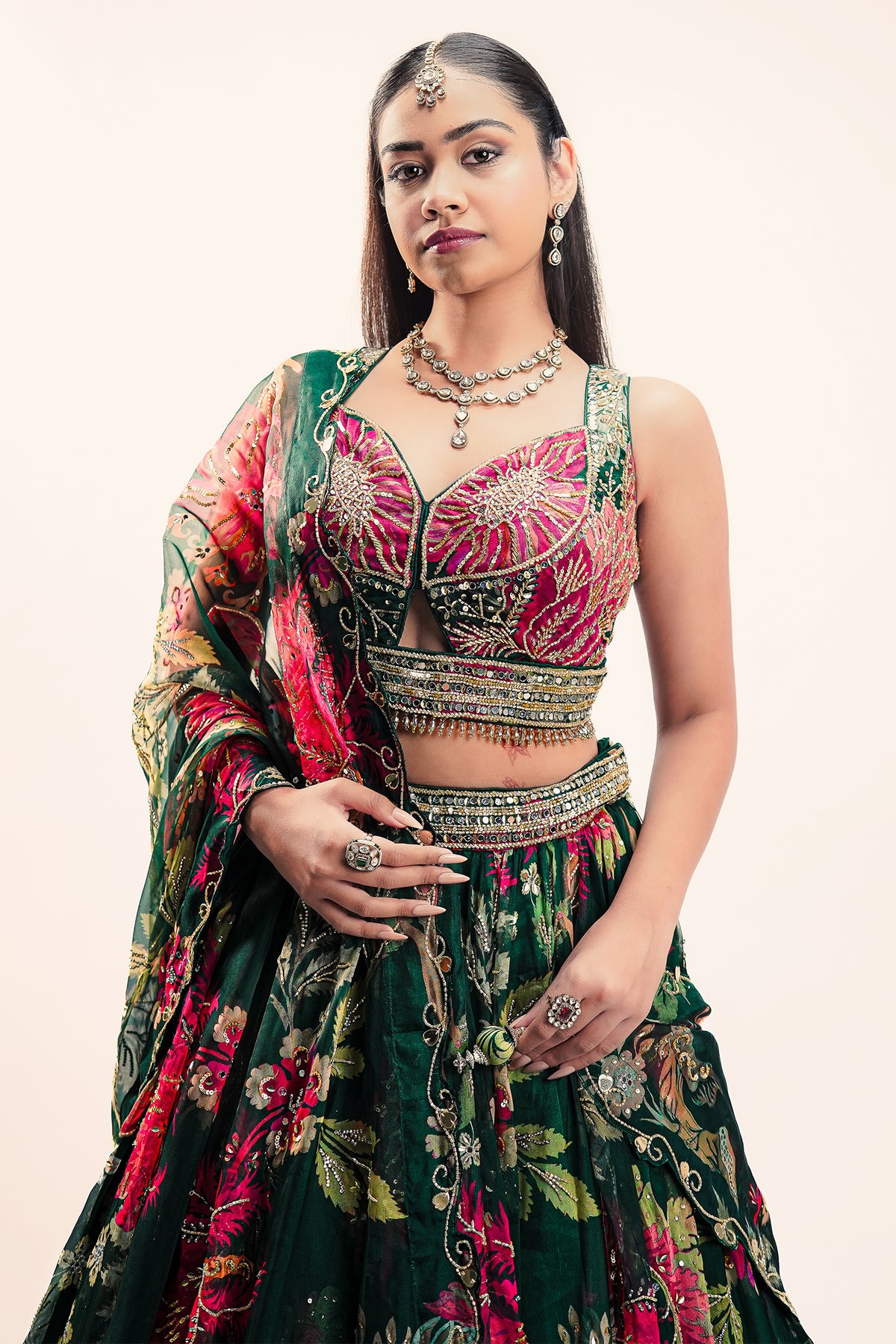 Emerald Green Printed Organza Lehenga featuring Sunburst Sequin and Diamond Bustier