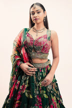 Emerald Green Printed Organza Lehenga featuring Sunburst Sequin and Diamond Bustier