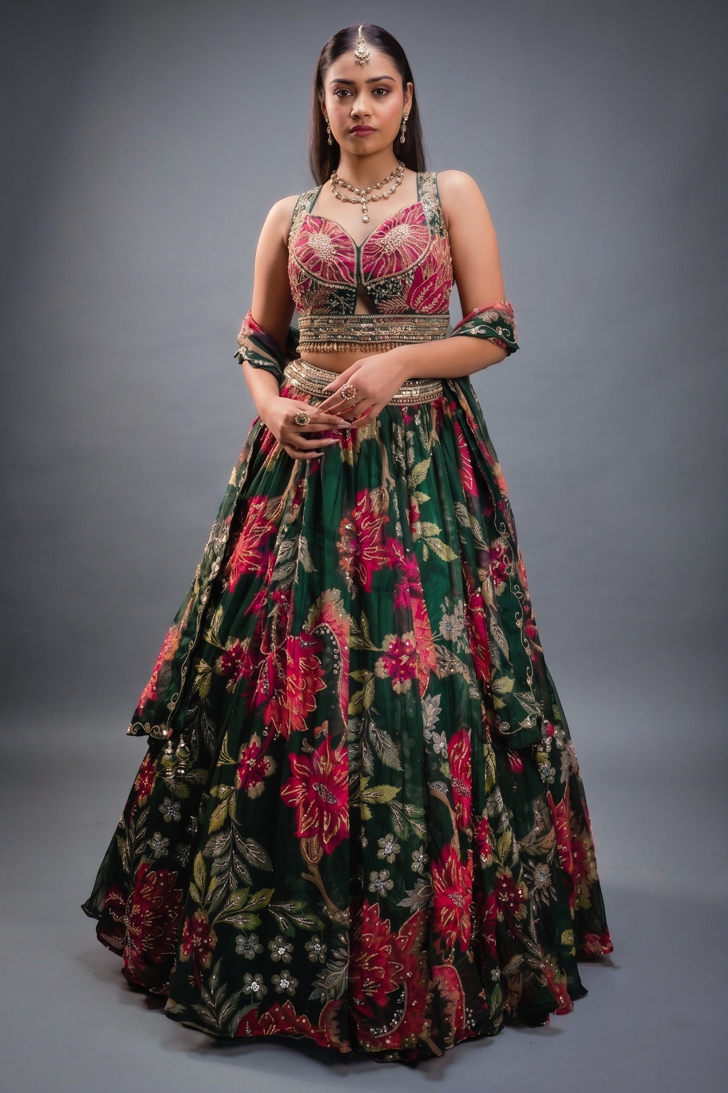 Emerald Green Printed Organza Lehenga featuring Sunburst Sequin and Diamond Bustier Main image