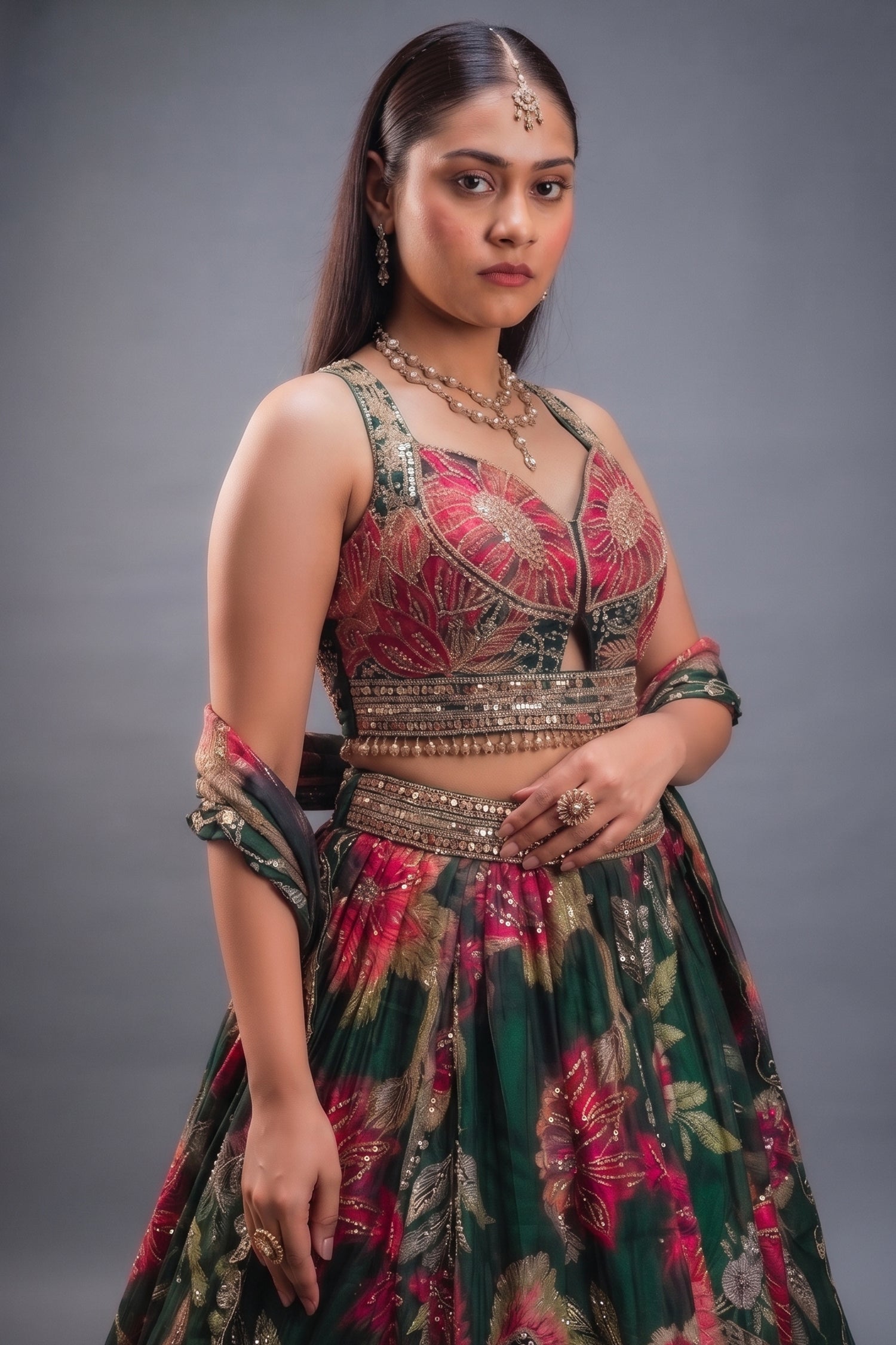 Emerald Green Printed Organza Lehenga featuring Sunburst Sequin and Diamond Bustier Secondary image