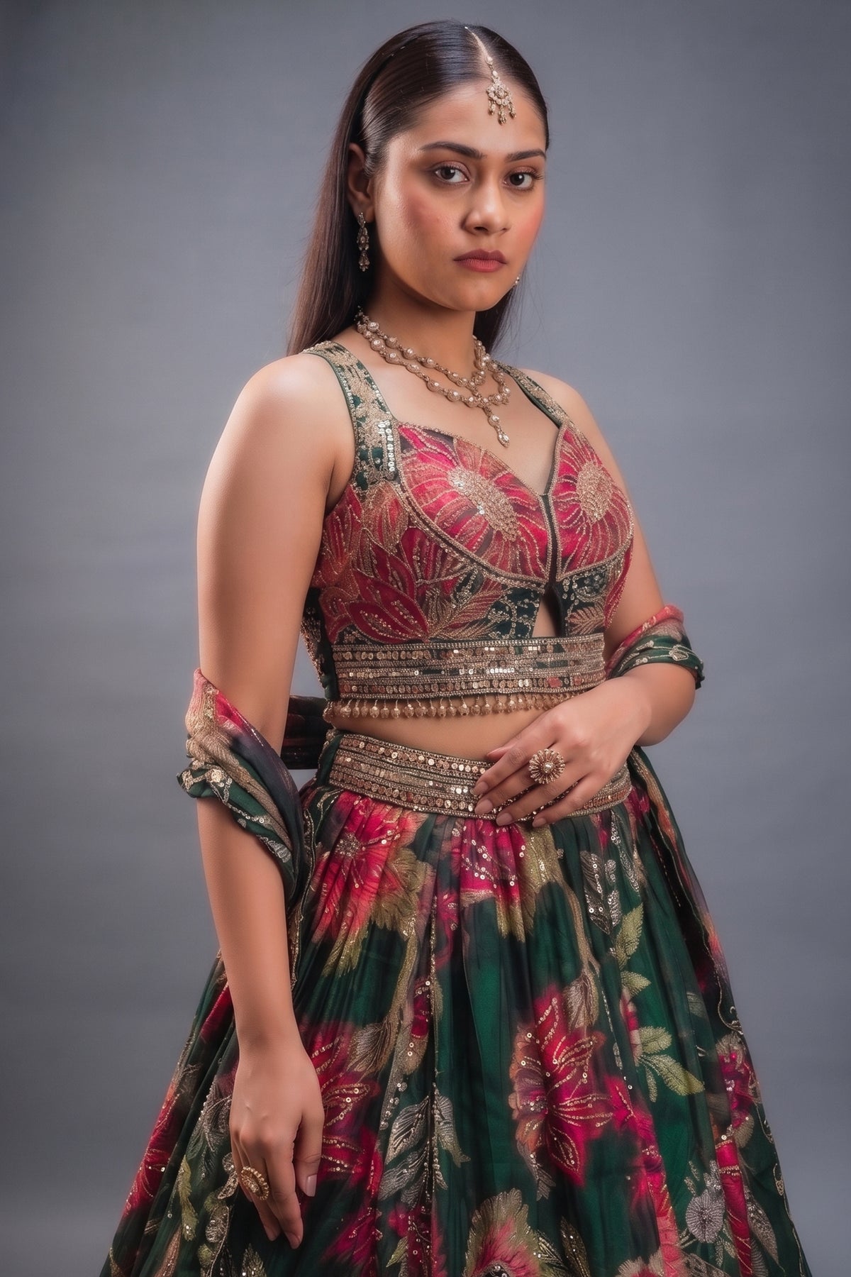 Emerald Green Printed Organza Lehenga featuring Sunburst Sequin and Diamond Bustier