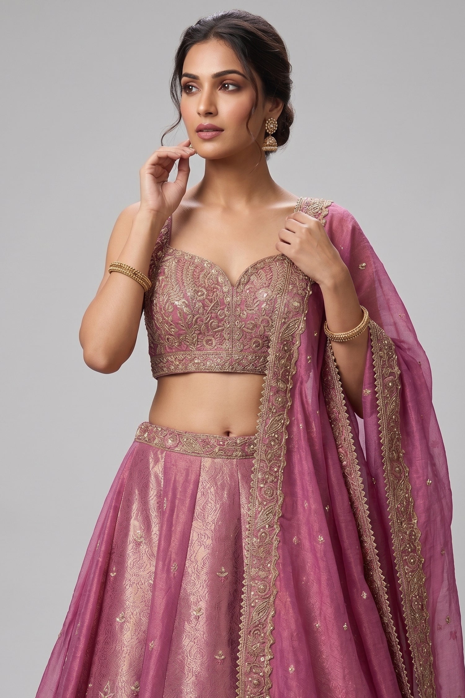Pink Tissue Woven Panelled Lehenga Secondary image