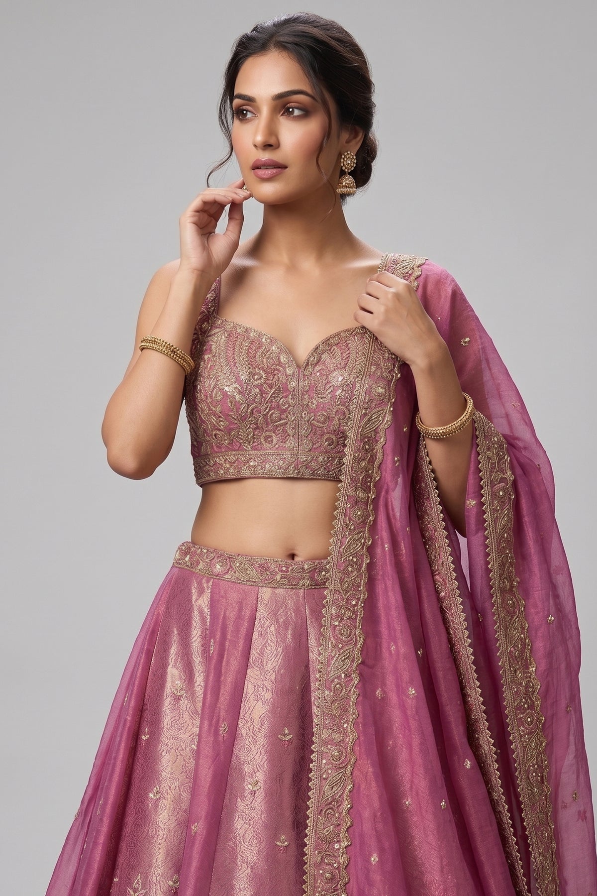Pink Tissue Woven Panelled Lehenga
