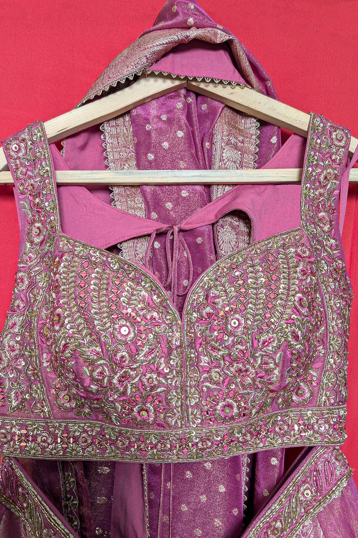 Pink Tissue Woven Panelled Lehenga
