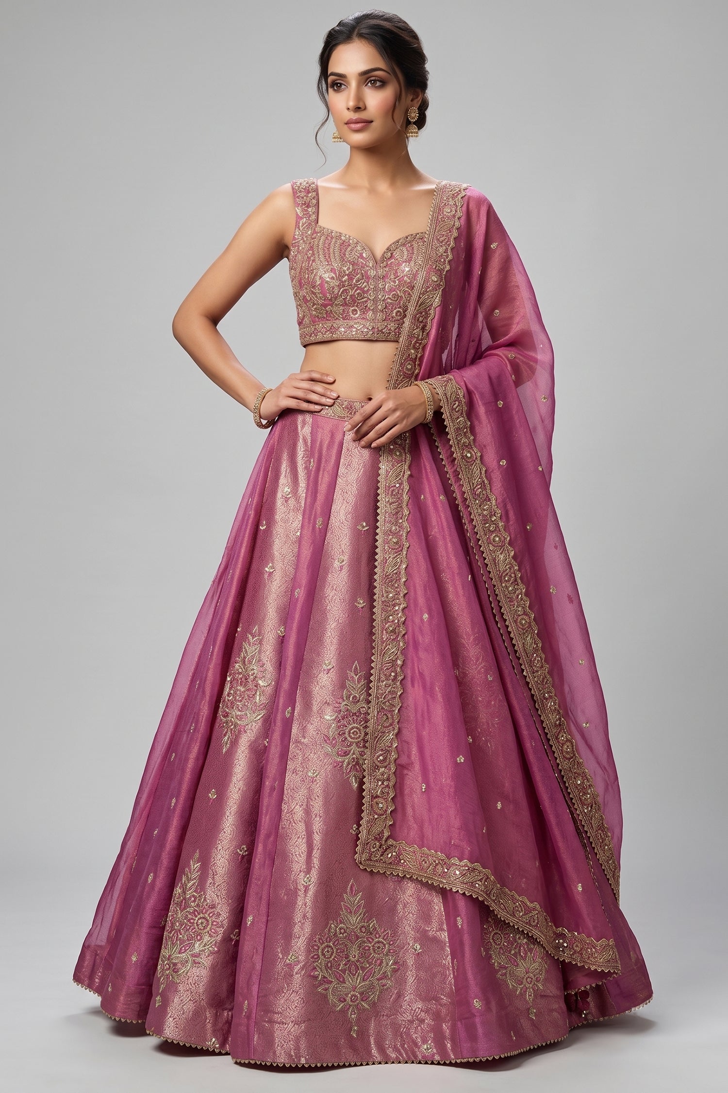 Pink Tissue Woven Panelled Lehenga Main image