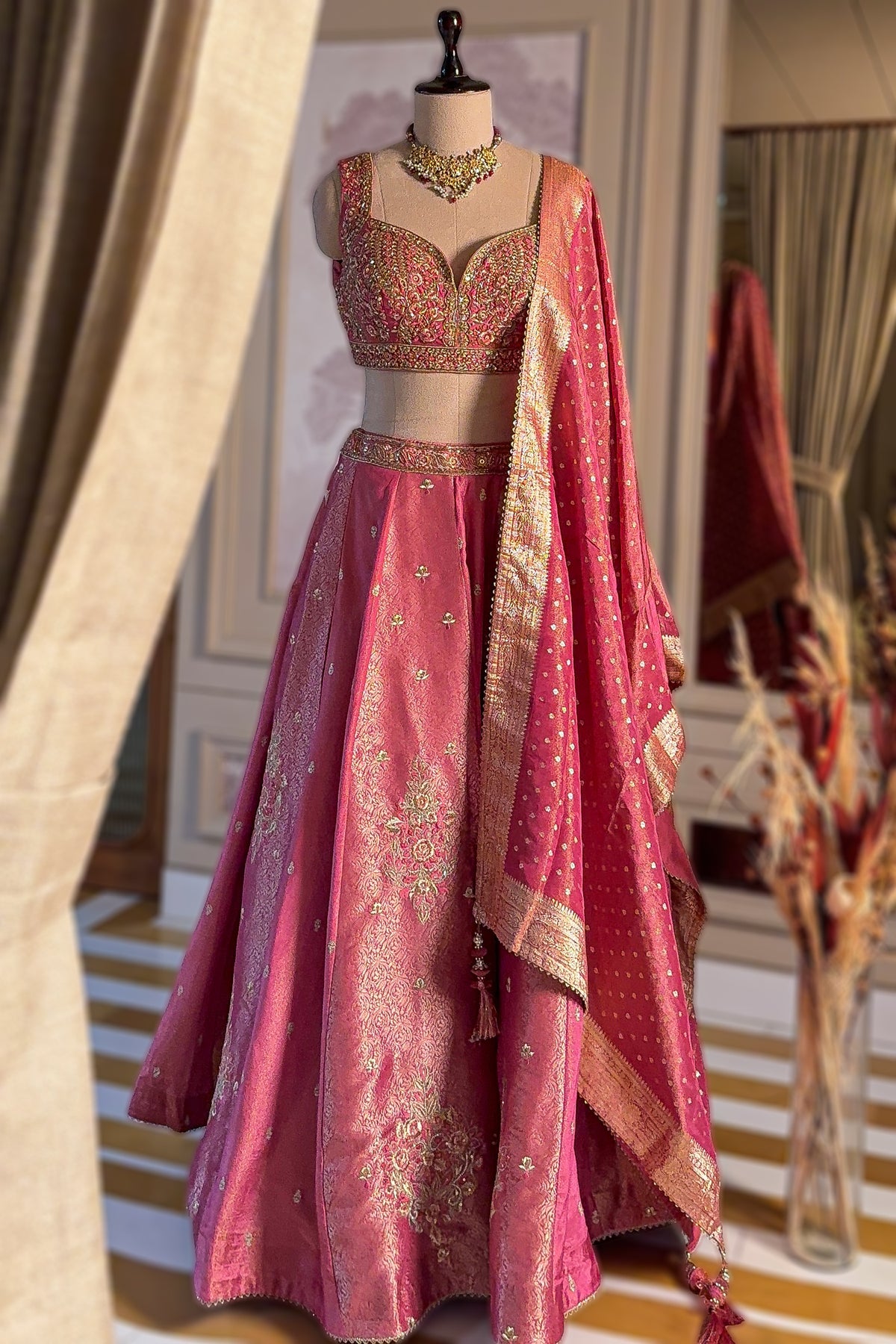 Pink Tissue Woven Panelled Lehenga