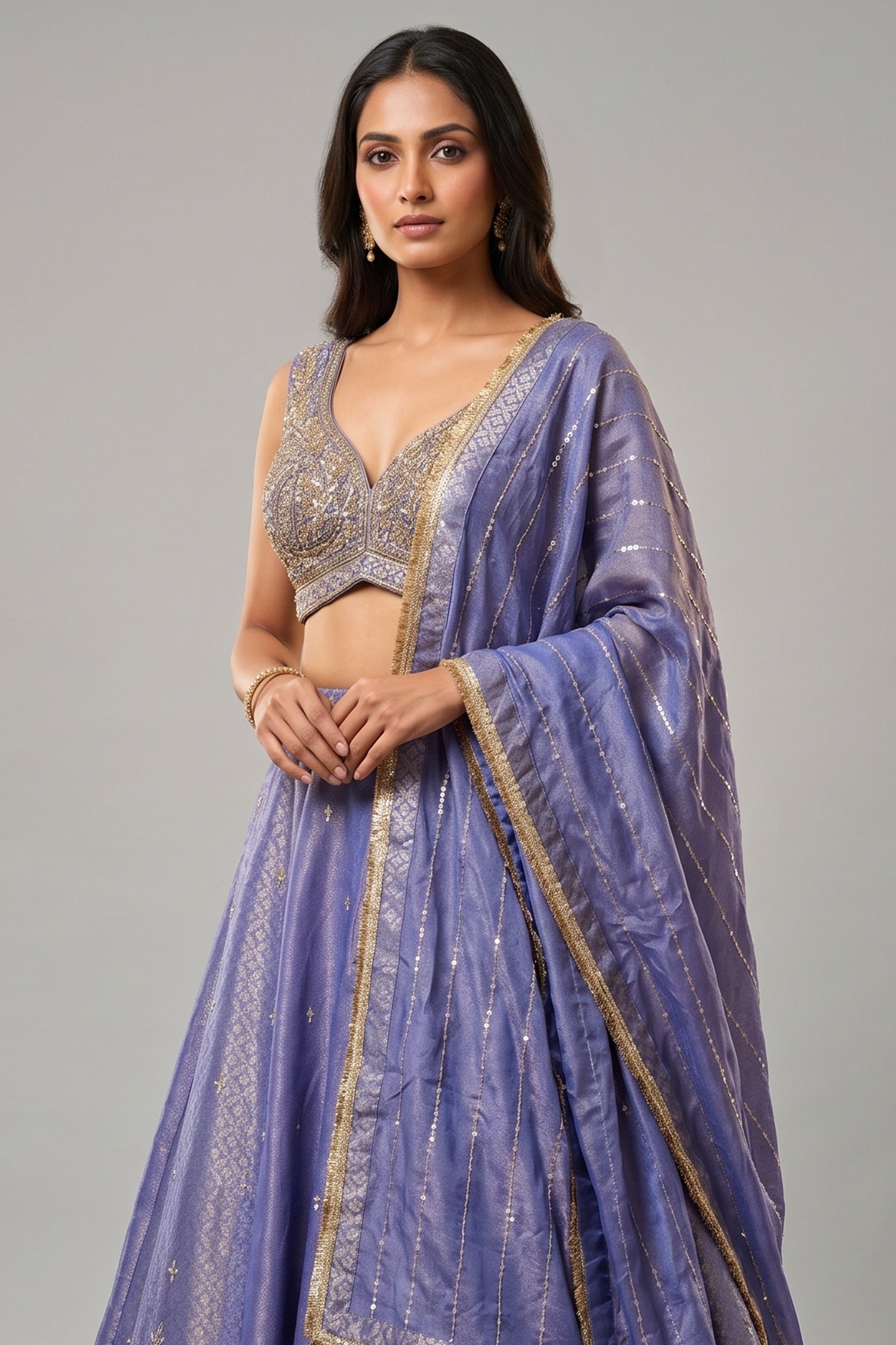 Lavender Purple Tissue Silk Panelled Lehenga Secondary image