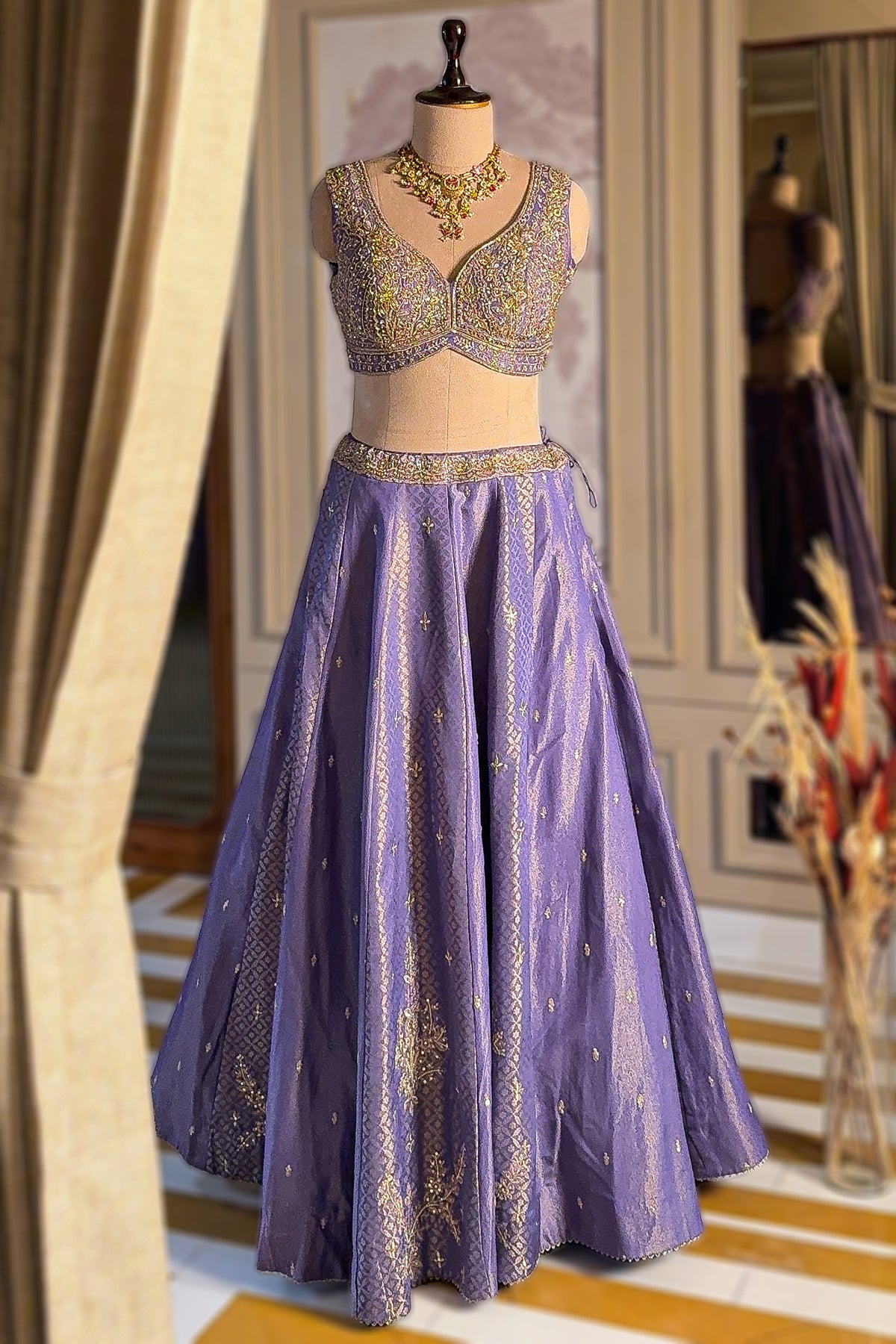 Lavender Purple Tissue Silk Panelled Lehenga