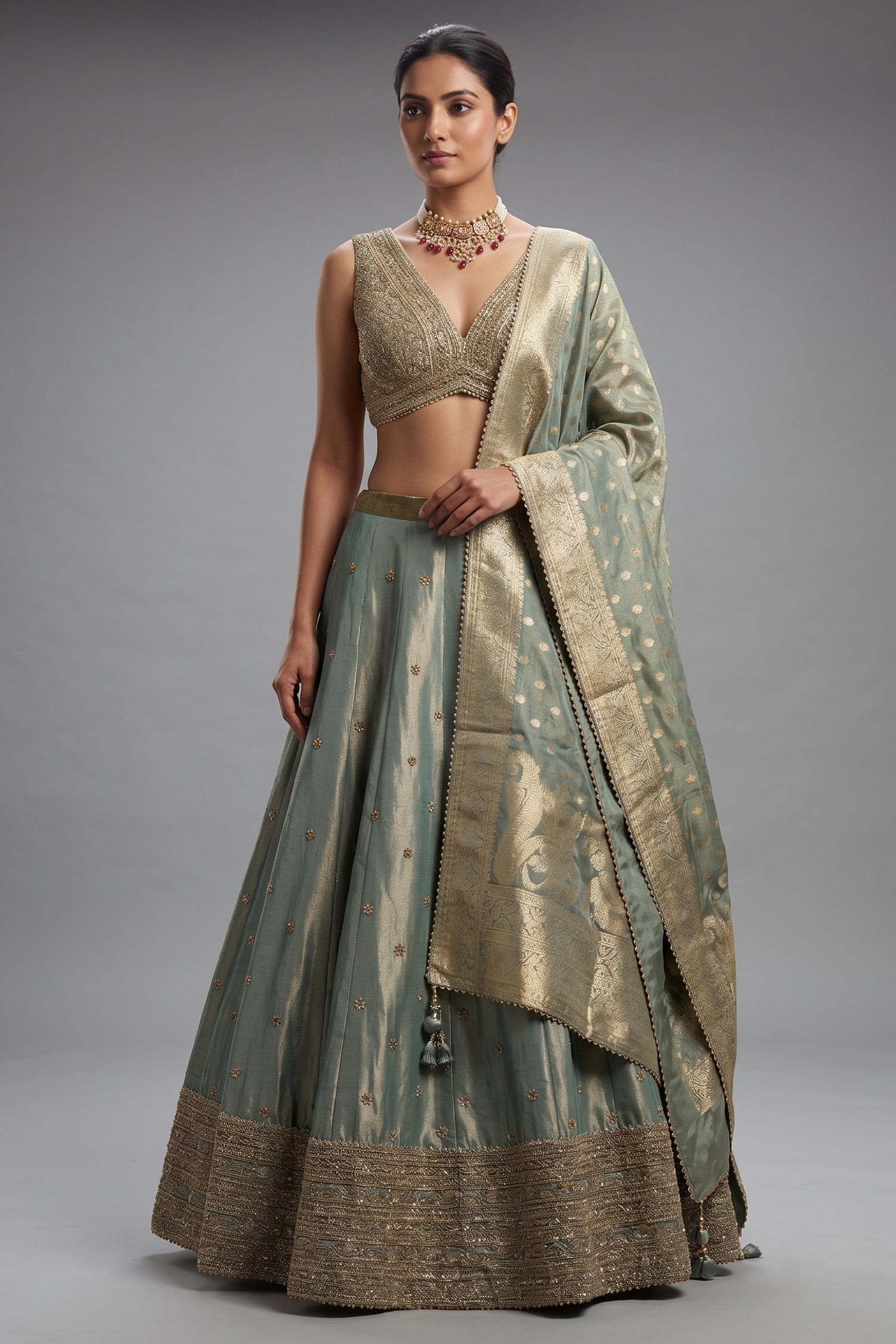 Mint Green Tissue Sequin Embroidered Lehenga Main image