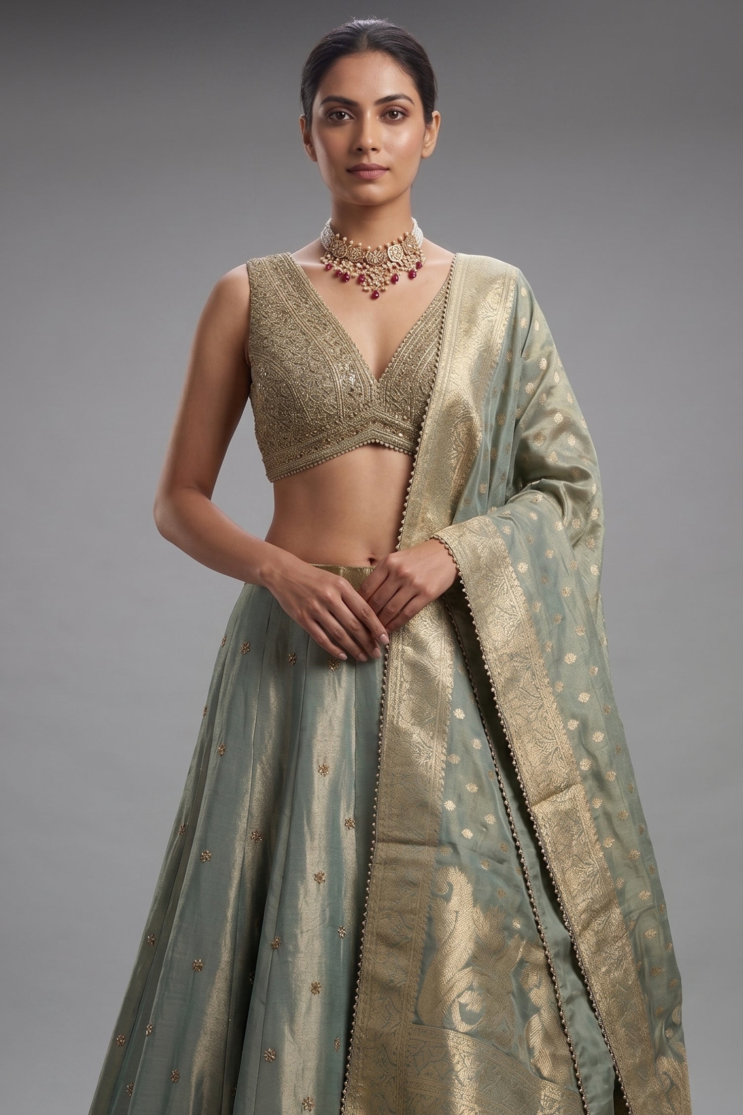 Mint Green Tissue Sequin Embroidered Lehenga Secondary image