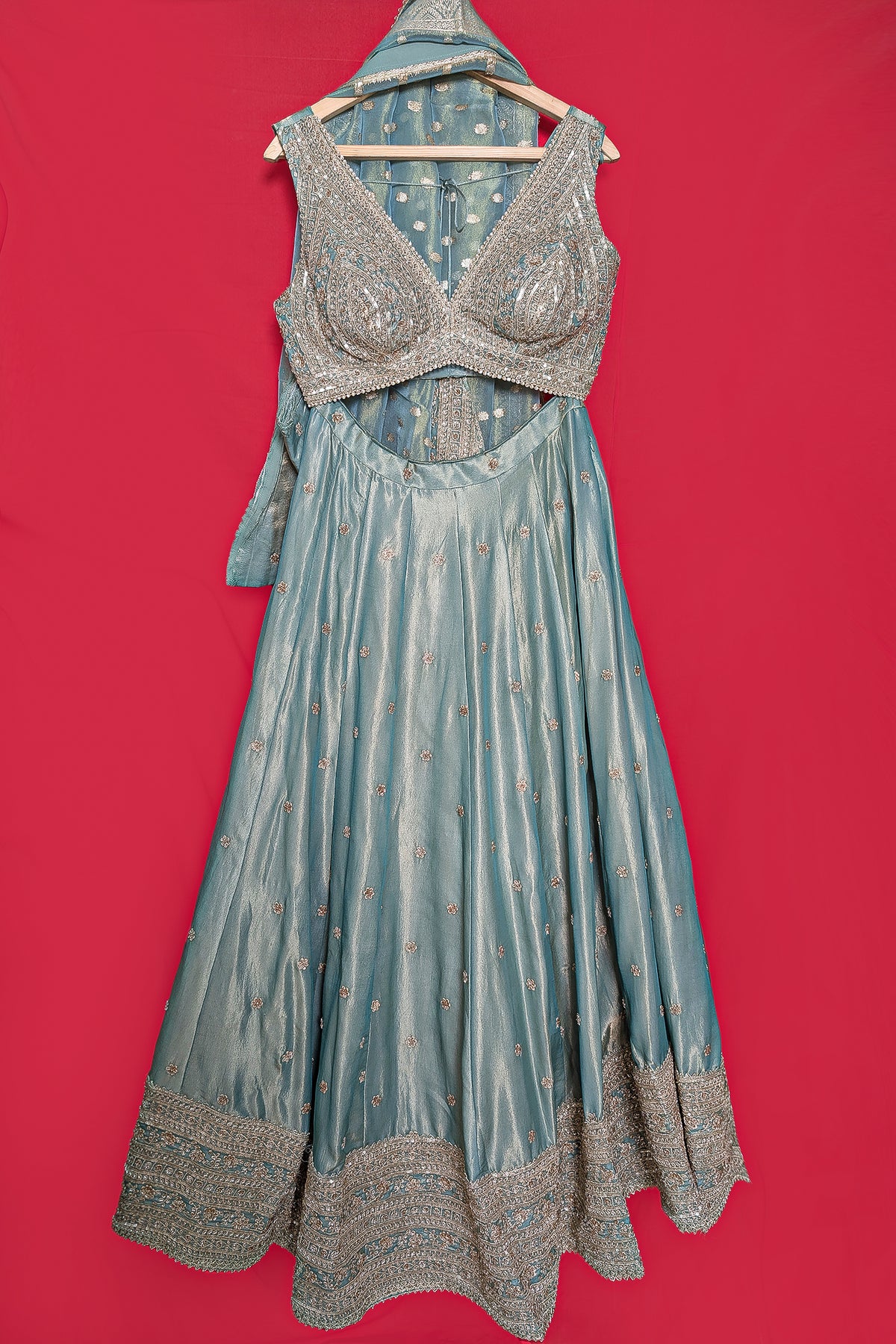 Mint Green Tissue Sequin Embroidered Lehenga