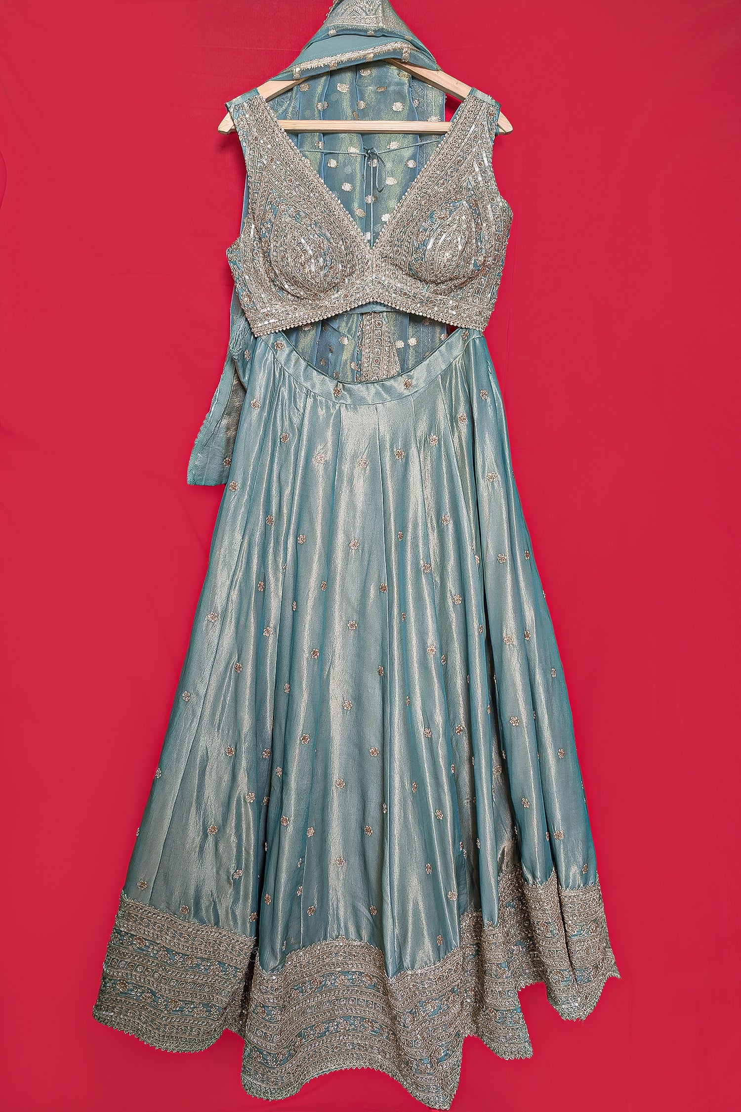 Mint Green Tissue Sequin Embroidered Lehenga