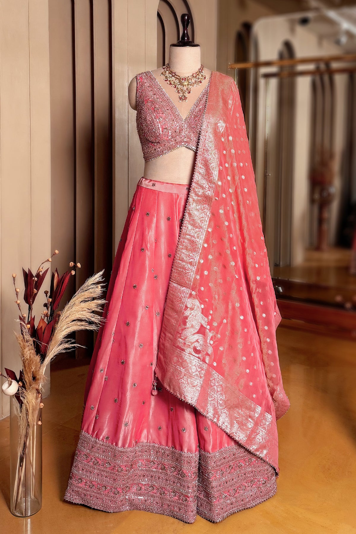 Pink Tissue Sequin Embroidered Lehenga