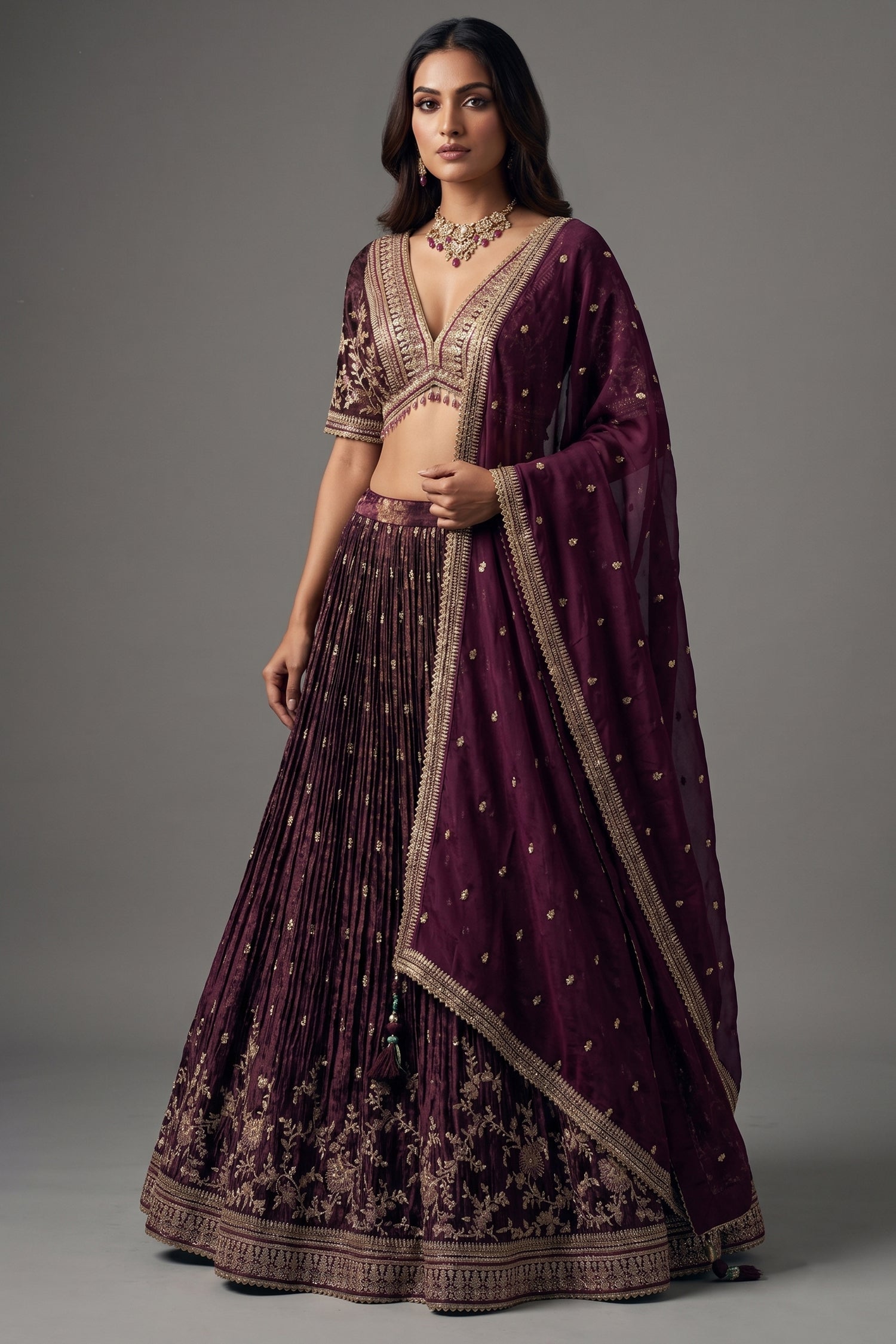 Wine Purple Tissue Woven Lehenga with Embroidery Work Main image