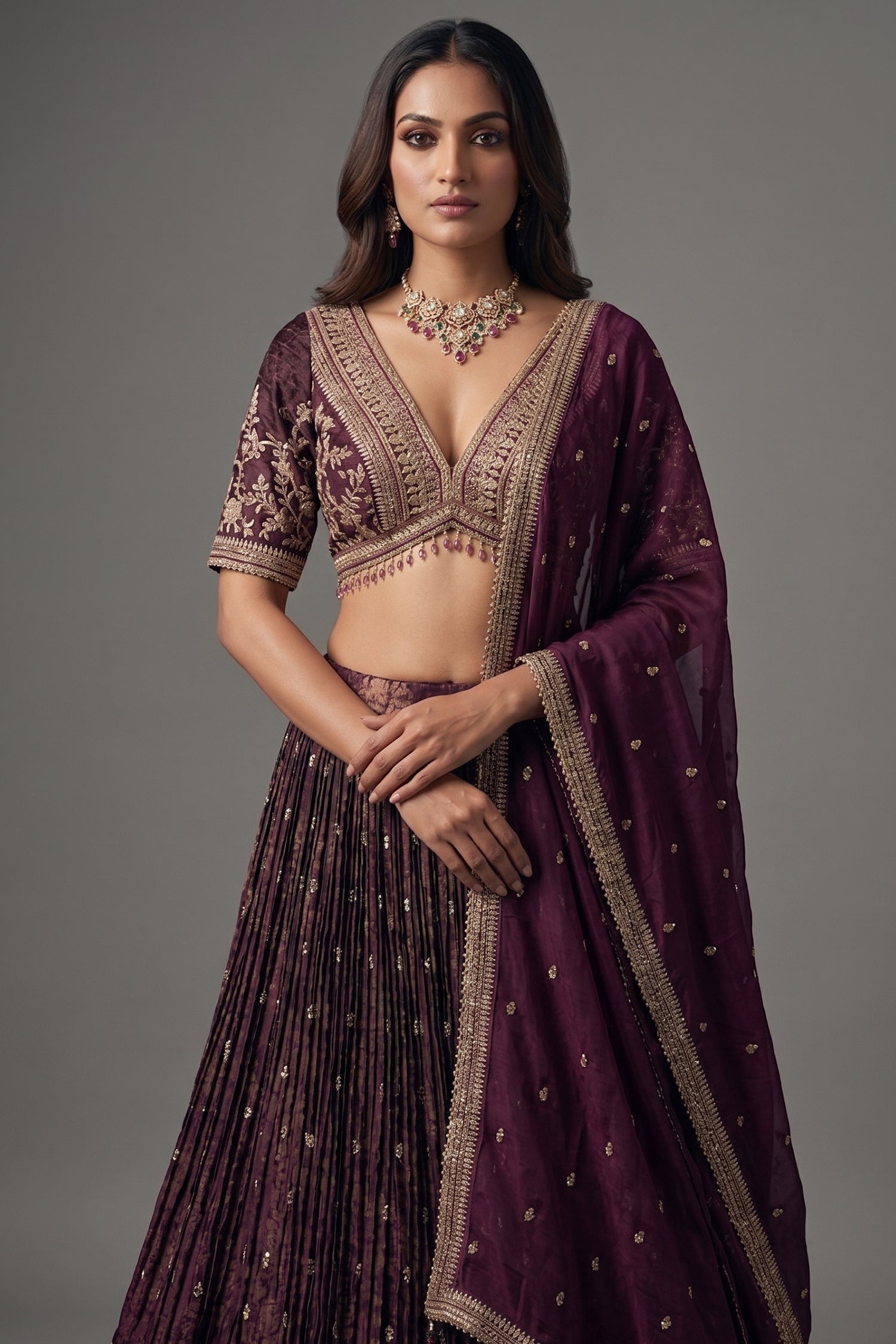 Wine Purple Tissue Woven Lehenga with Embroidery Work Secondary image