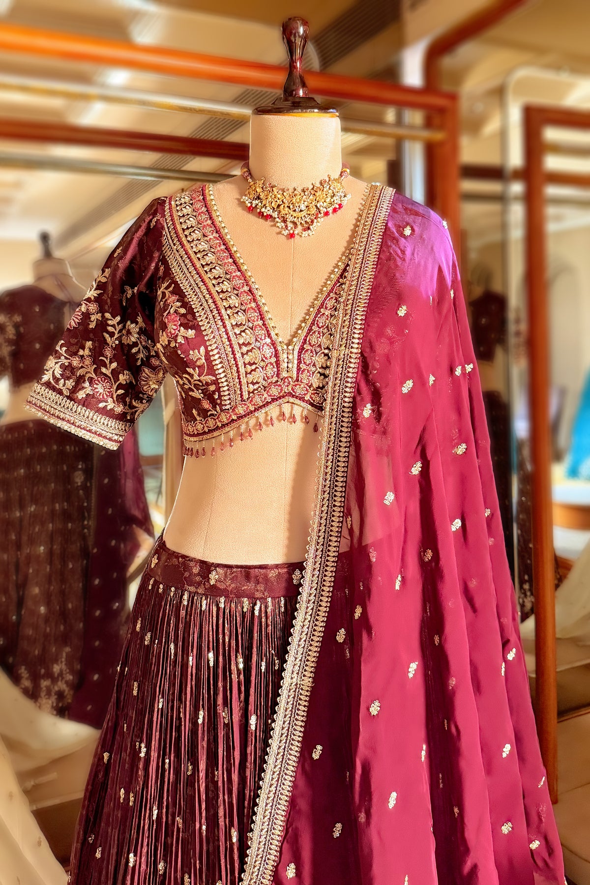 Wine Purple Tissue Woven Lehenga with Embroidery Work