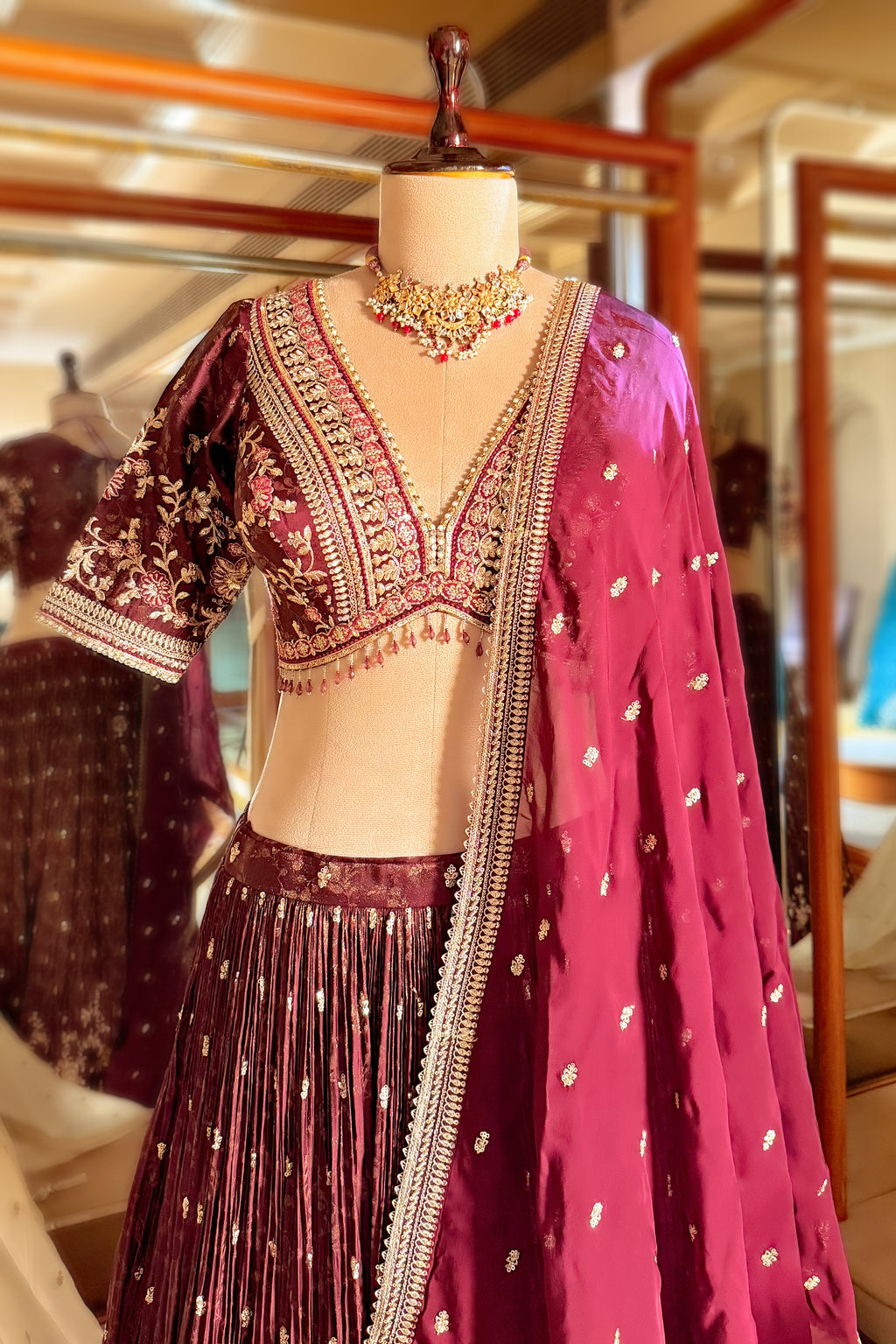 Wine Purple Tissue Woven Lehenga with Embroidery Work