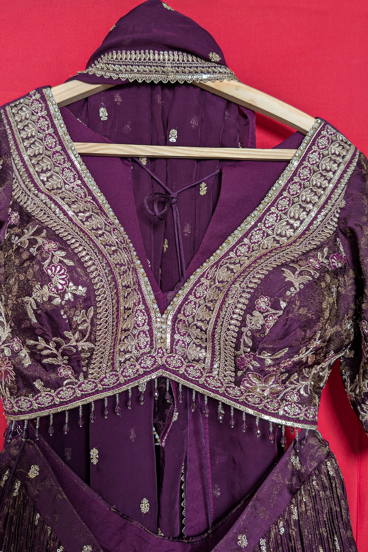Wine Purple Tissue Woven Lehenga with Embroidery Work
