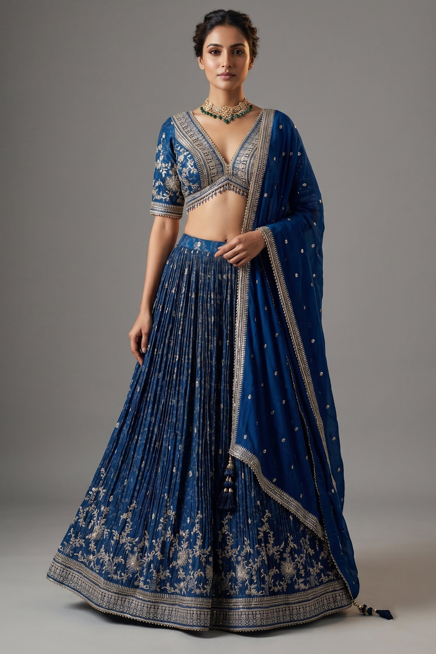 Blue Tissue Woven Lehenga with Embroidery Work Main image