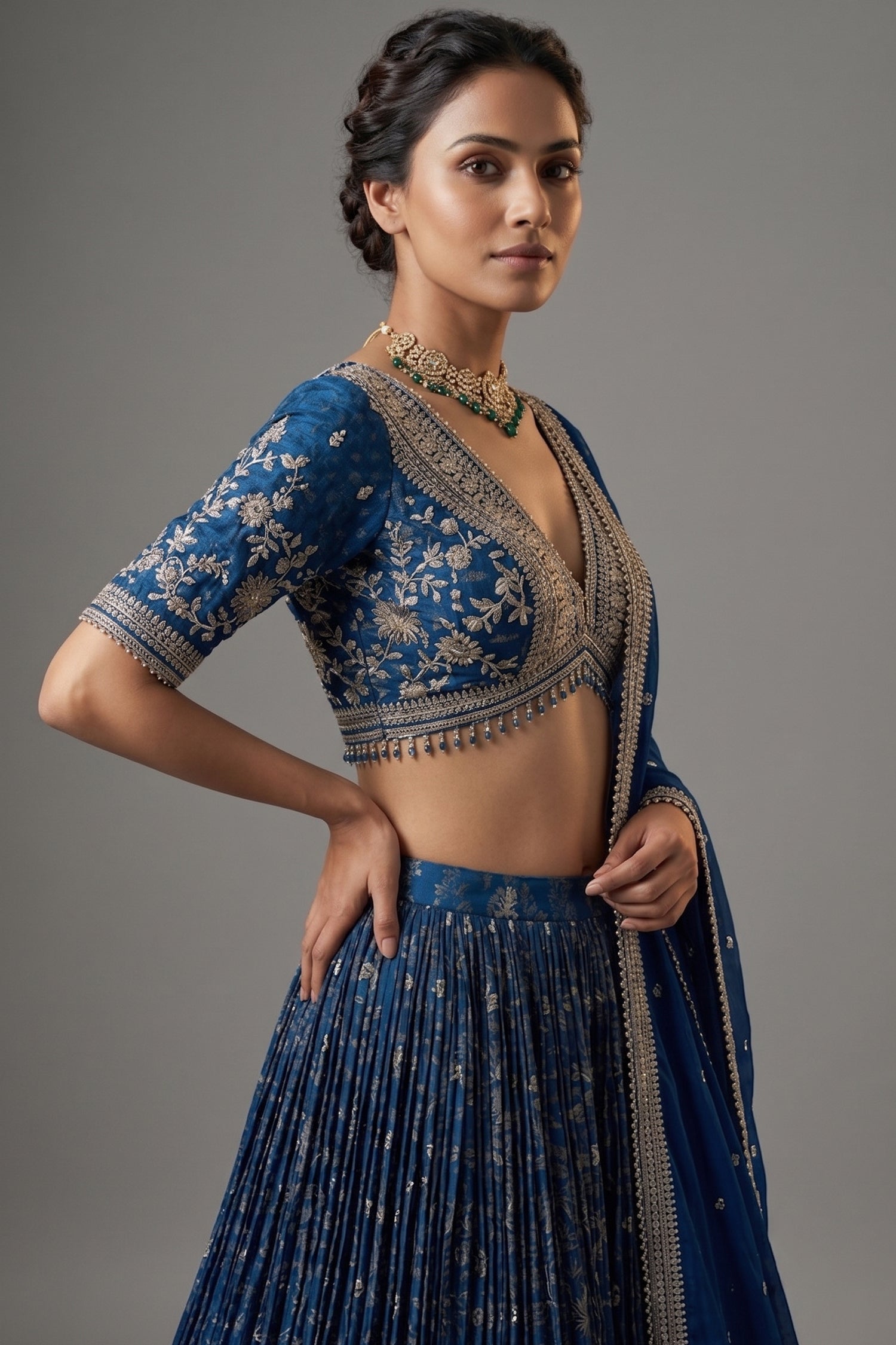 Blue Tissue Woven Lehenga with Embroidery Work Secondary image