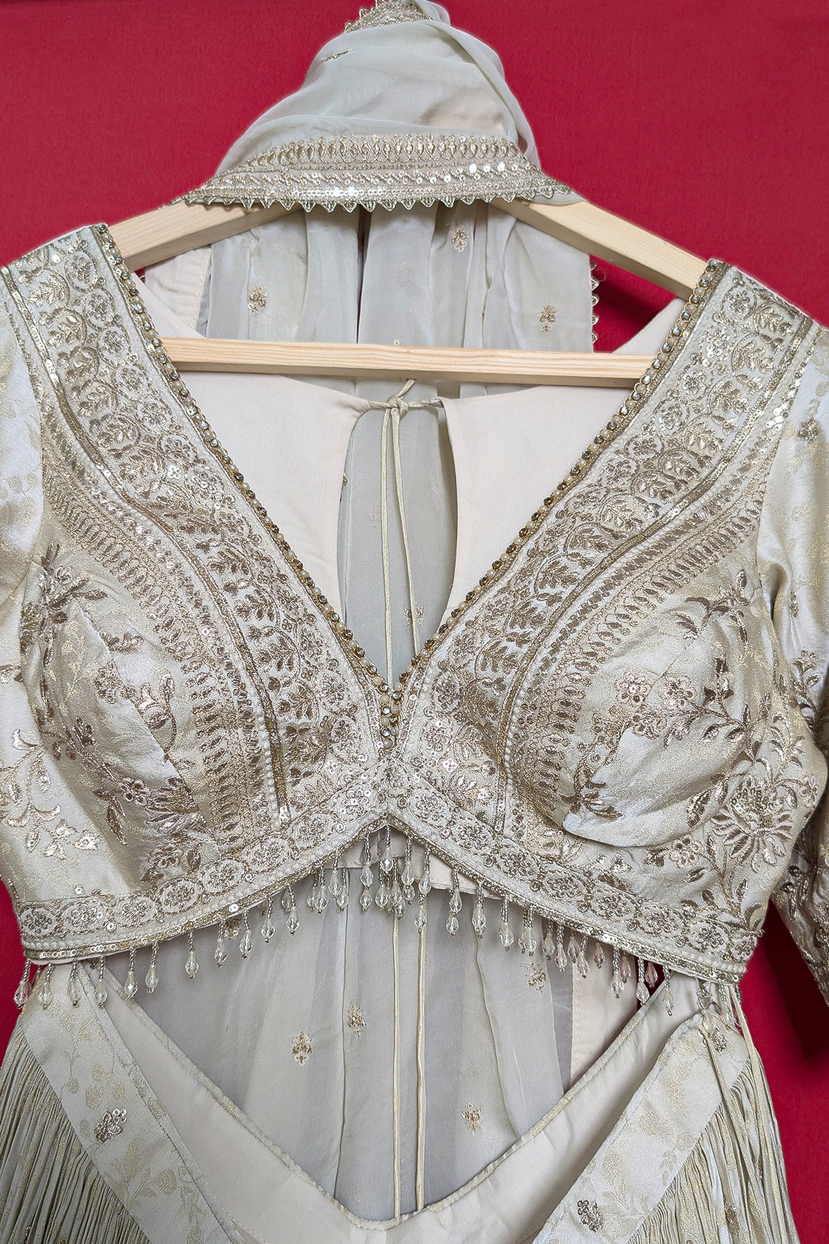 Cream Tissue Woven Lehenga with Embroidery Work