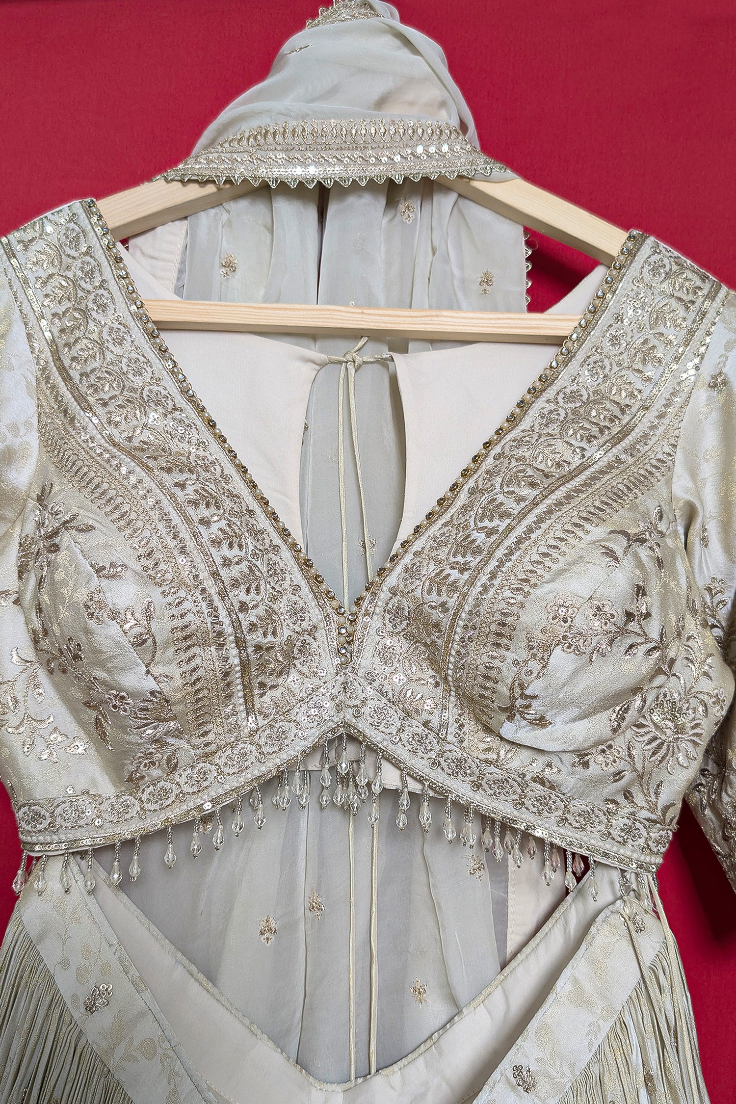 Cream Tissue Woven Lehenga with Embroidery Work