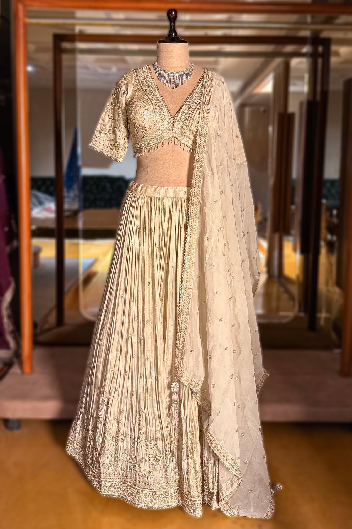 Cream Tissue Woven Lehenga with Embroidery Work