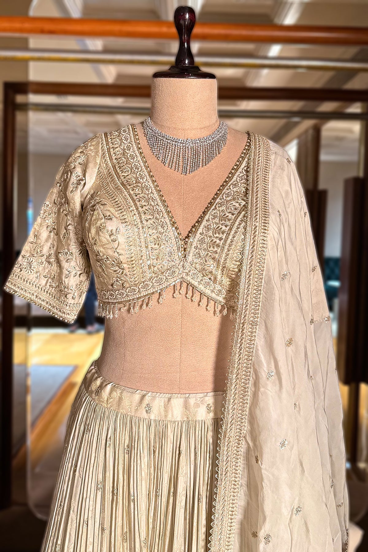 Cream Tissue Woven Lehenga with Embroidery Work