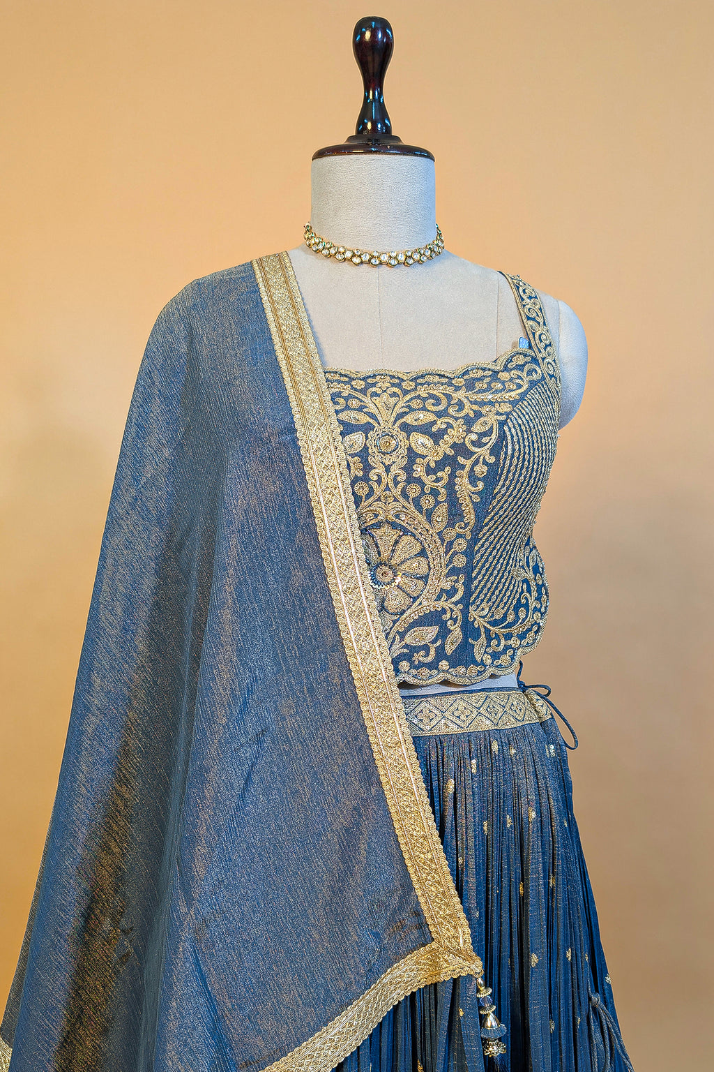 Blue Tissue Sequin Embroidered Lehenga