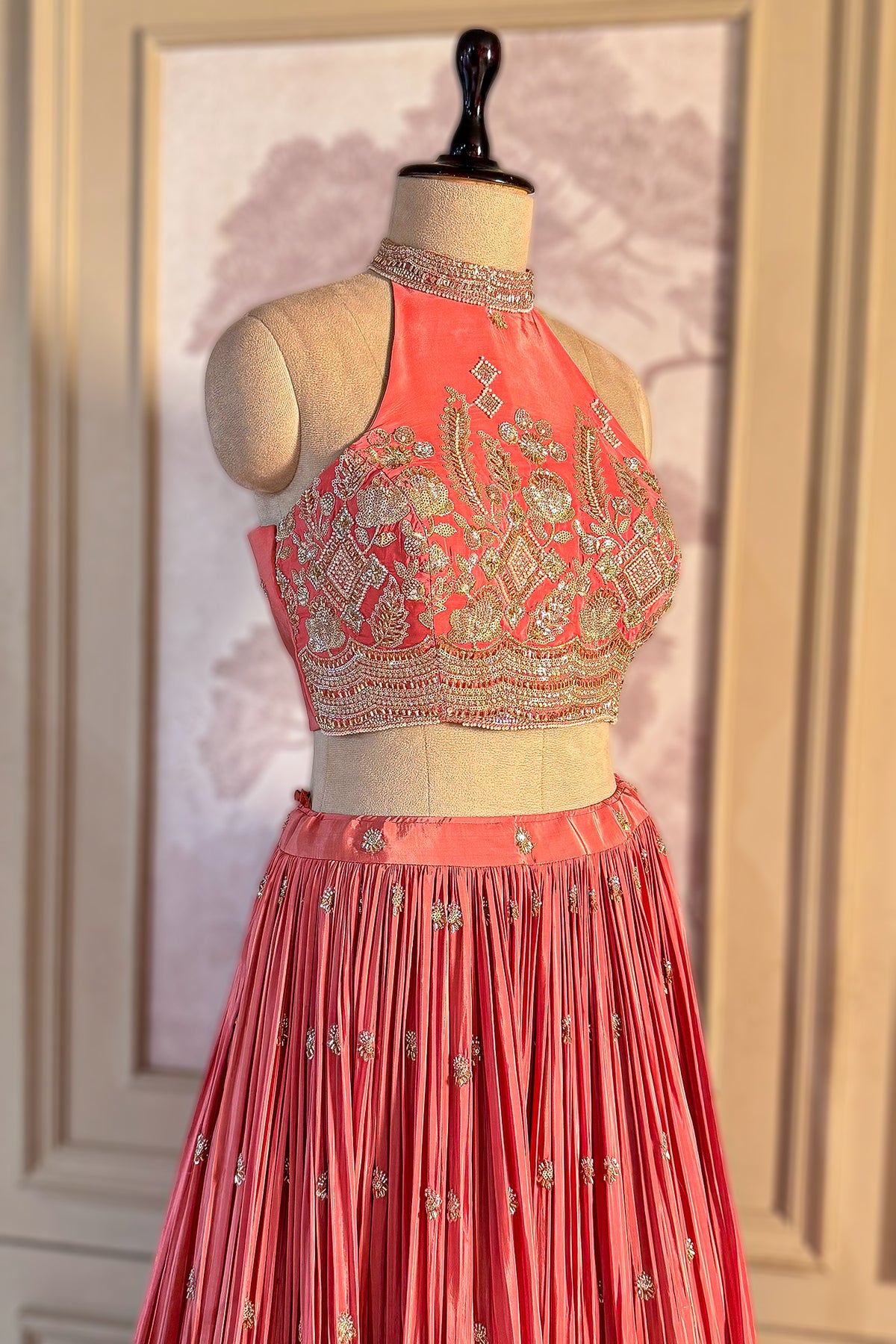 Pink Crepe Satin Silk Cutdana Beaded Halter Neck Lehenga